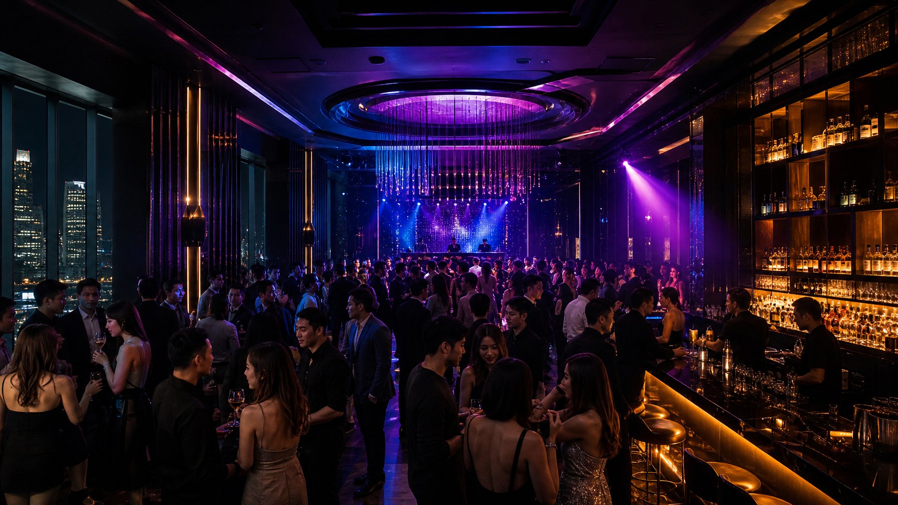 Suasana klub malam modern di Jakarta dengan pengunjung dewasa menikmati musik dan lampu warna-warni.