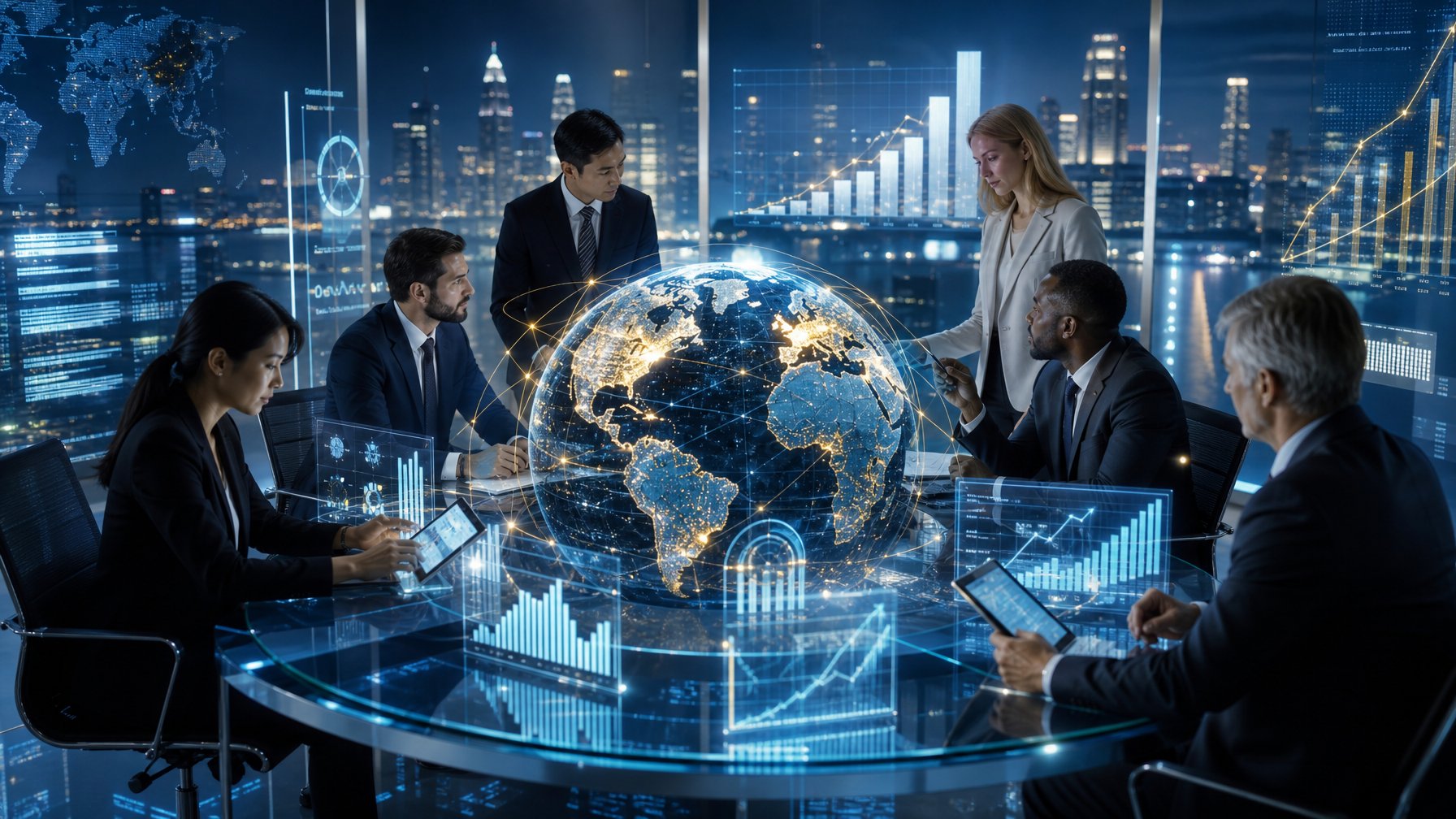 Para analis ekonomi berdiskusi di seluruh dunia dengan visualisasi data global.