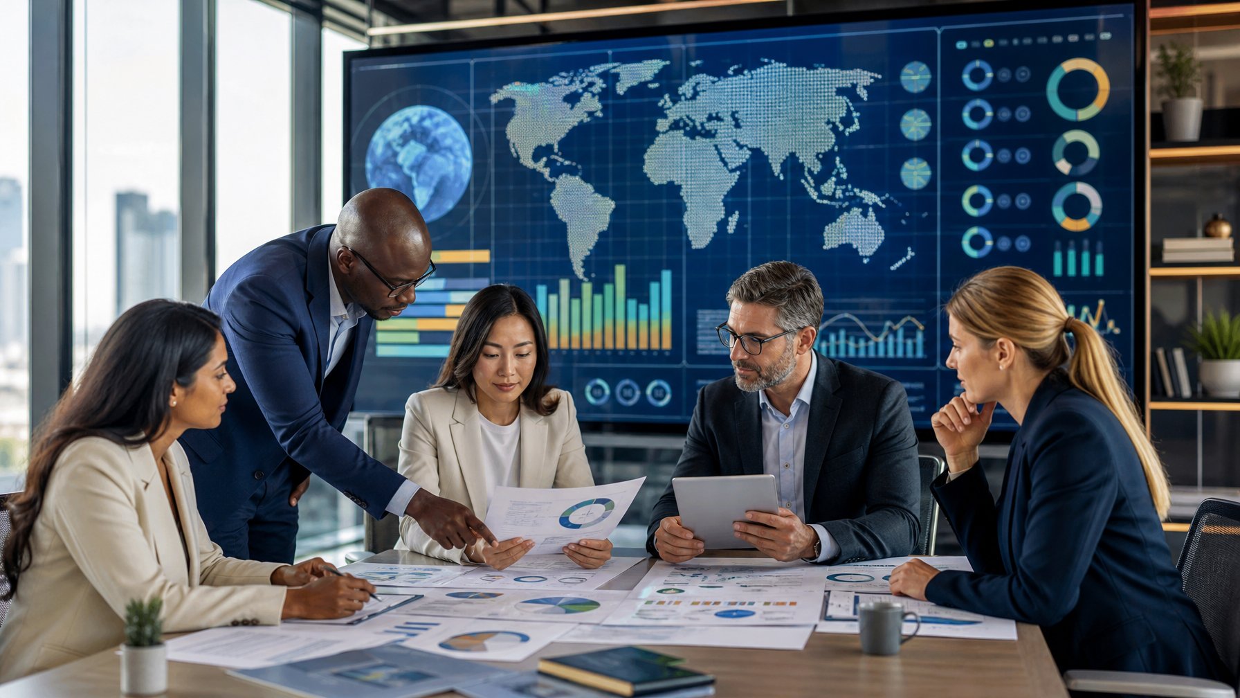 Tim peneliti menganalisis data kemakmuran global di ruang kerja modern.
