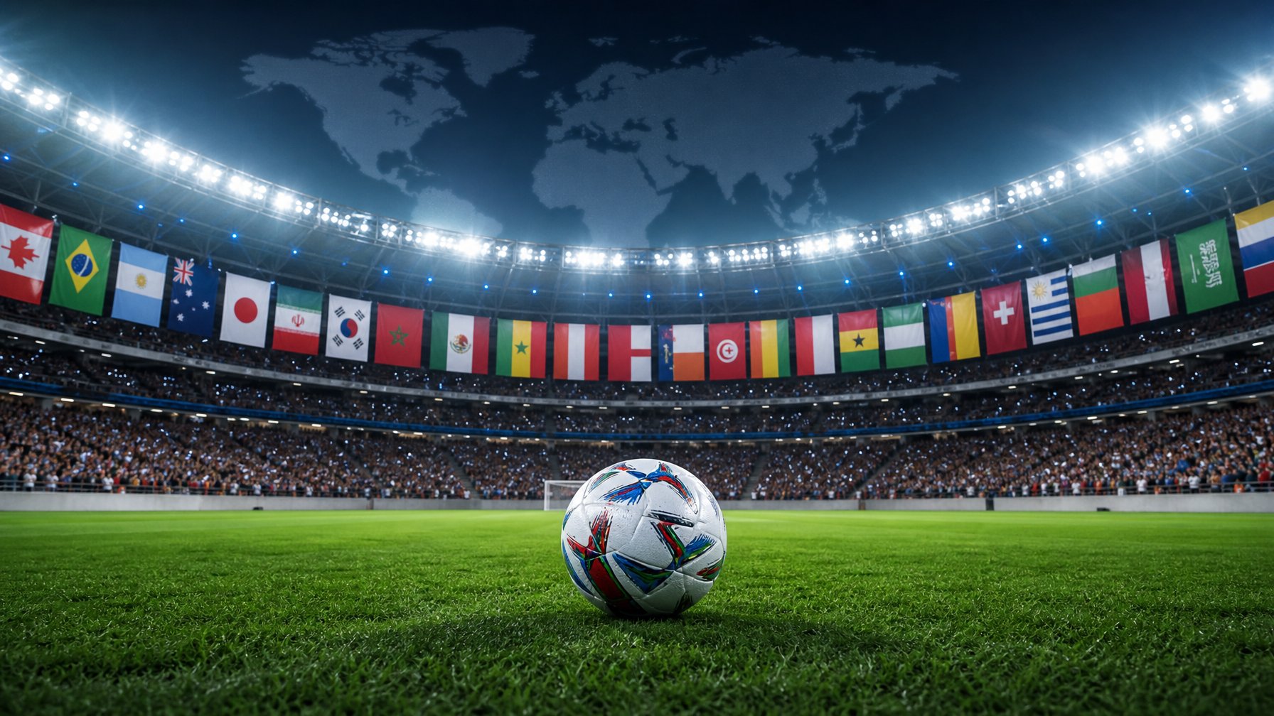 Stadion sepak bola dengan bendera berbagai negara dan suasana perayaan kelolosan ke turnamen dunia.