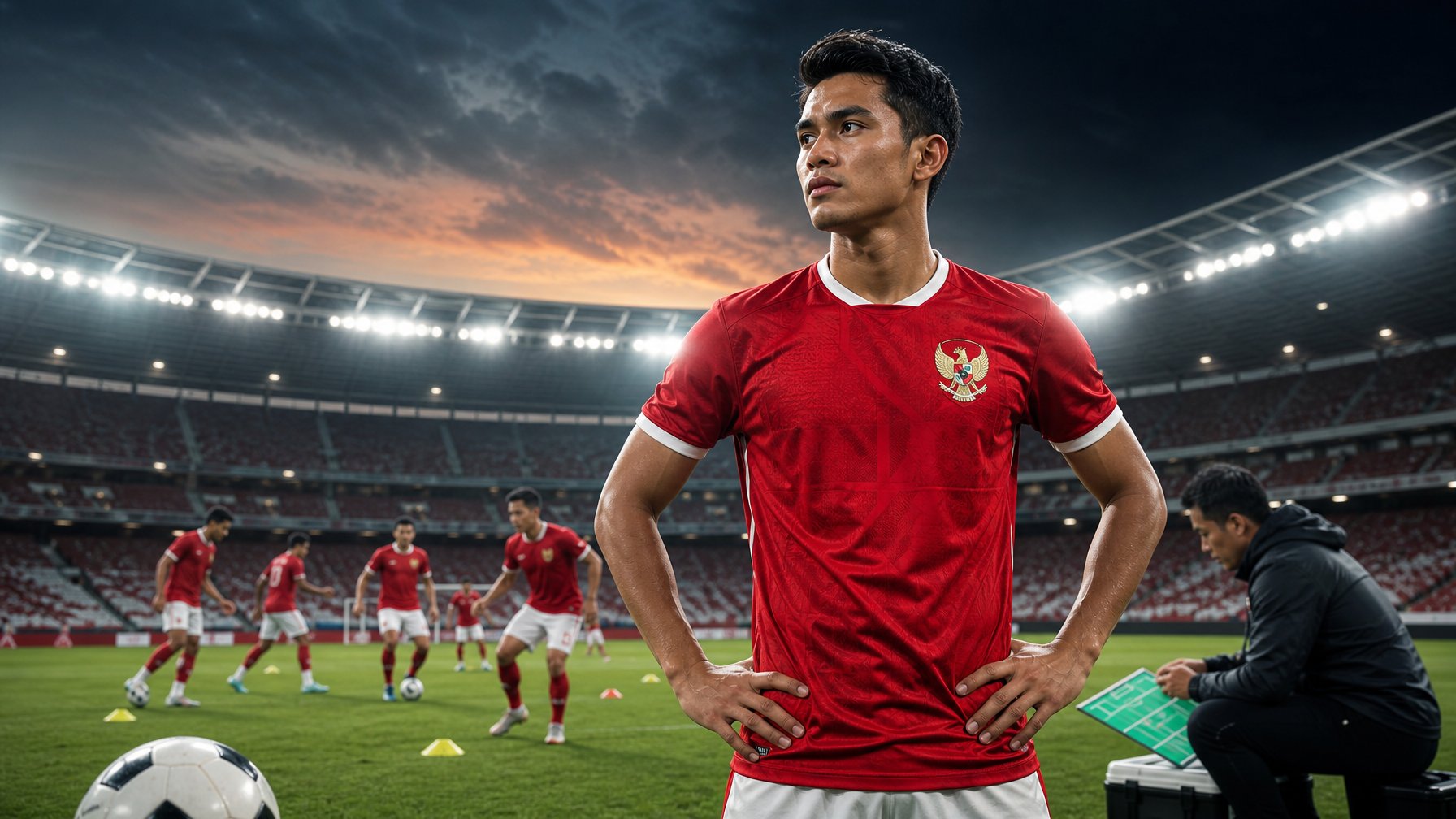 Pemain sepak bola Indonesia berdiri di lapangan stadion bersama rekan-rekannya yang sedang berlatih.