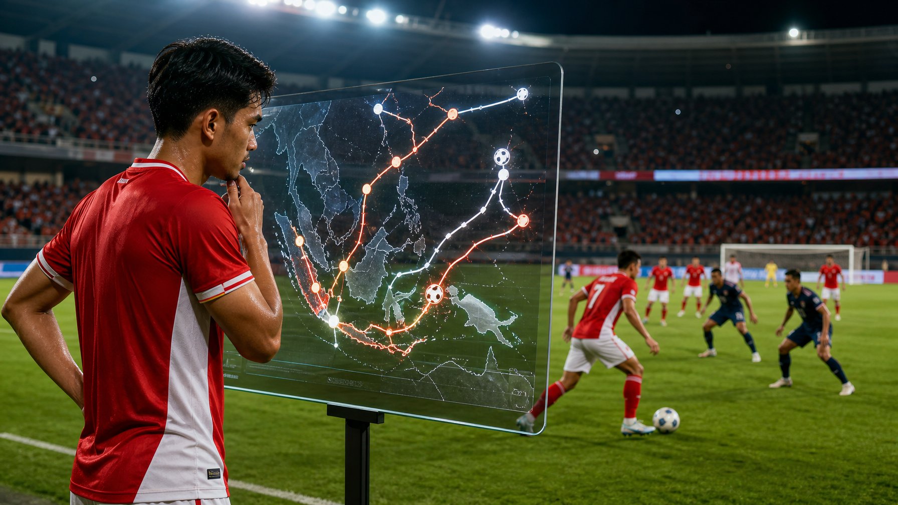Pemain tim nasional Indonesia mempelajari jalur strategi di lapangan sepak bola saat pertandingan berlangsung.