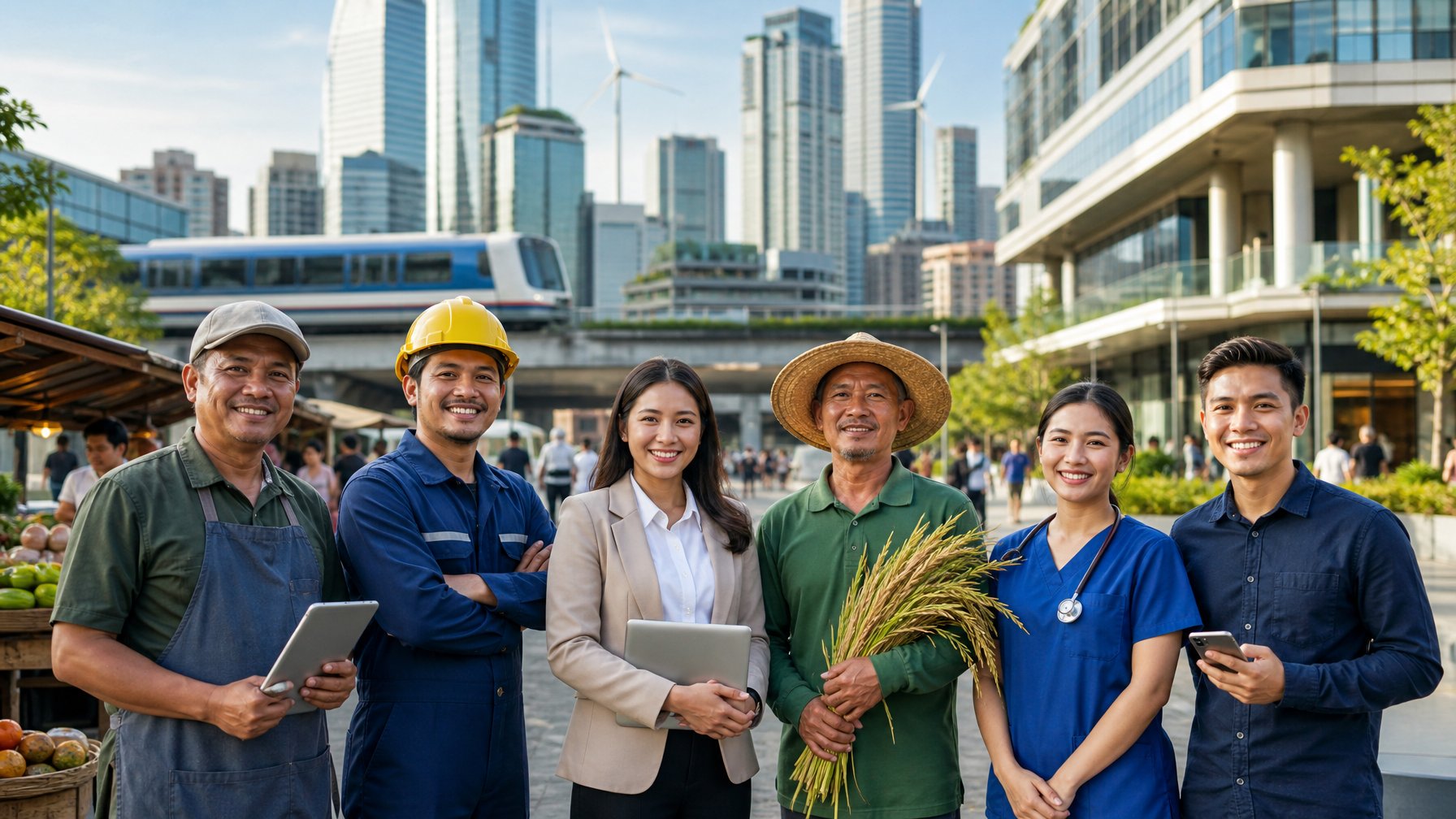 Masyarakat dari berbagai profesi bekerja sama di kawasan kota modern yang makmur dengan pasar, transportasi, dan usaha lokal yang berkembang.