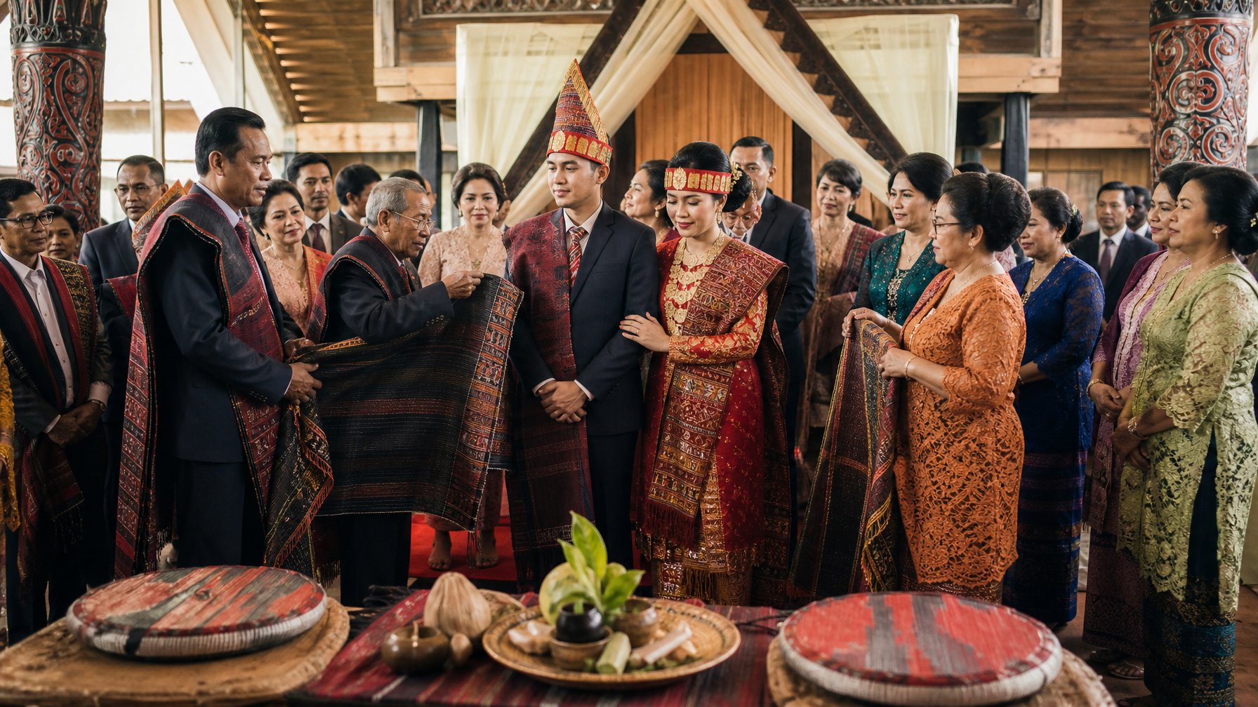 Pasangan pengantin Batak Toba mengenakan ulos dikelilingi keluarga dalam upacara pernikahan adat yang memadukan tradisi dan unsur modern.