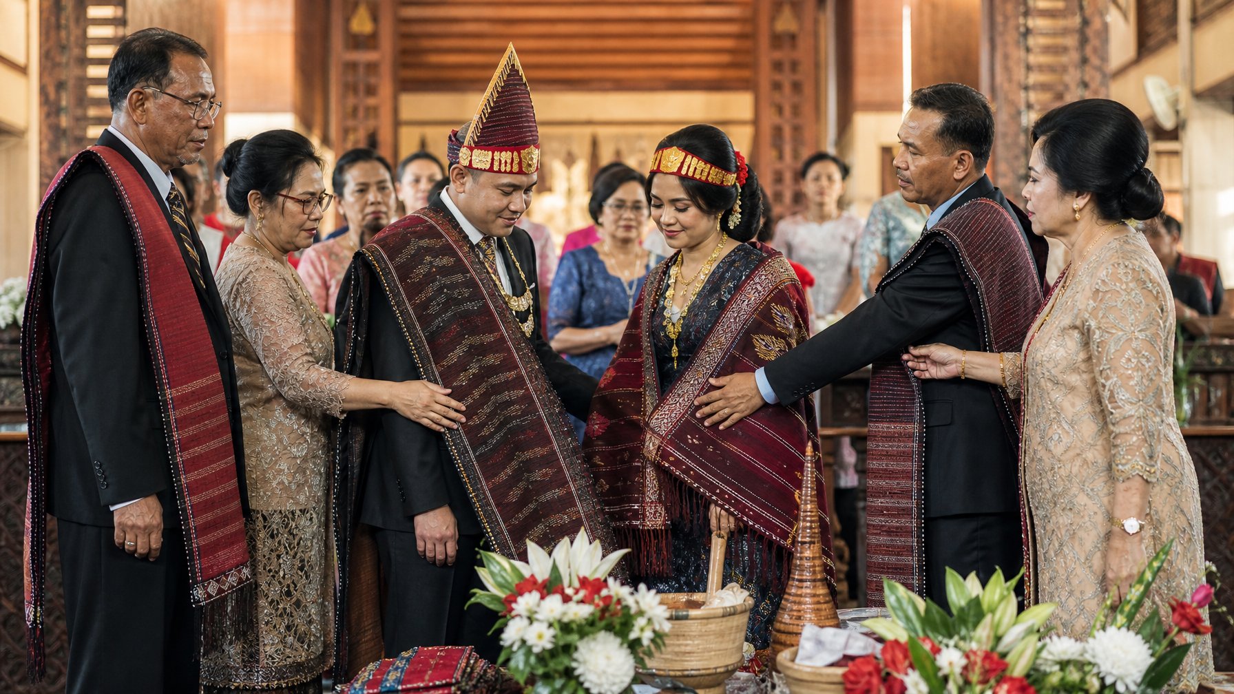 Pasangan pengantin Batak Toba berdiri bersama keluarga dalam upacara pernikahan adat dengan kain ulos dan suasana modern.