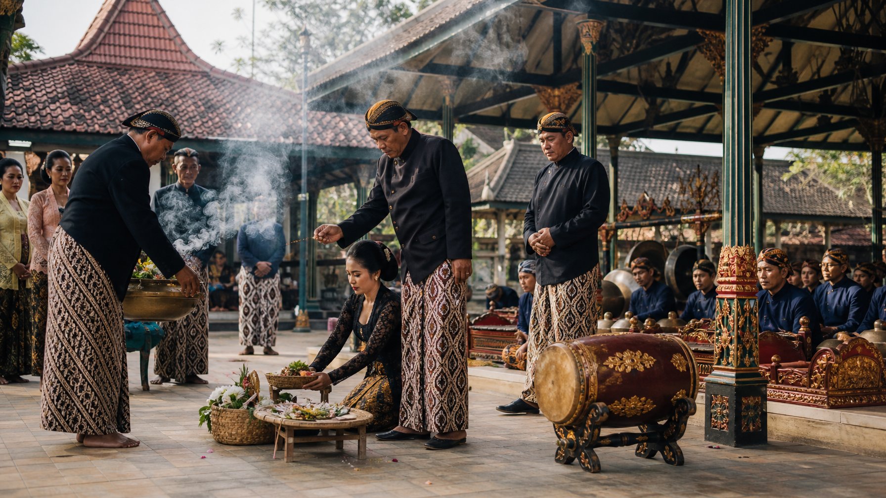 Peserta berpakaian adat Jawa mengikuti ritual Sekaten di halaman Keraton Yogyakarta dengan gamelan dan sesaji.