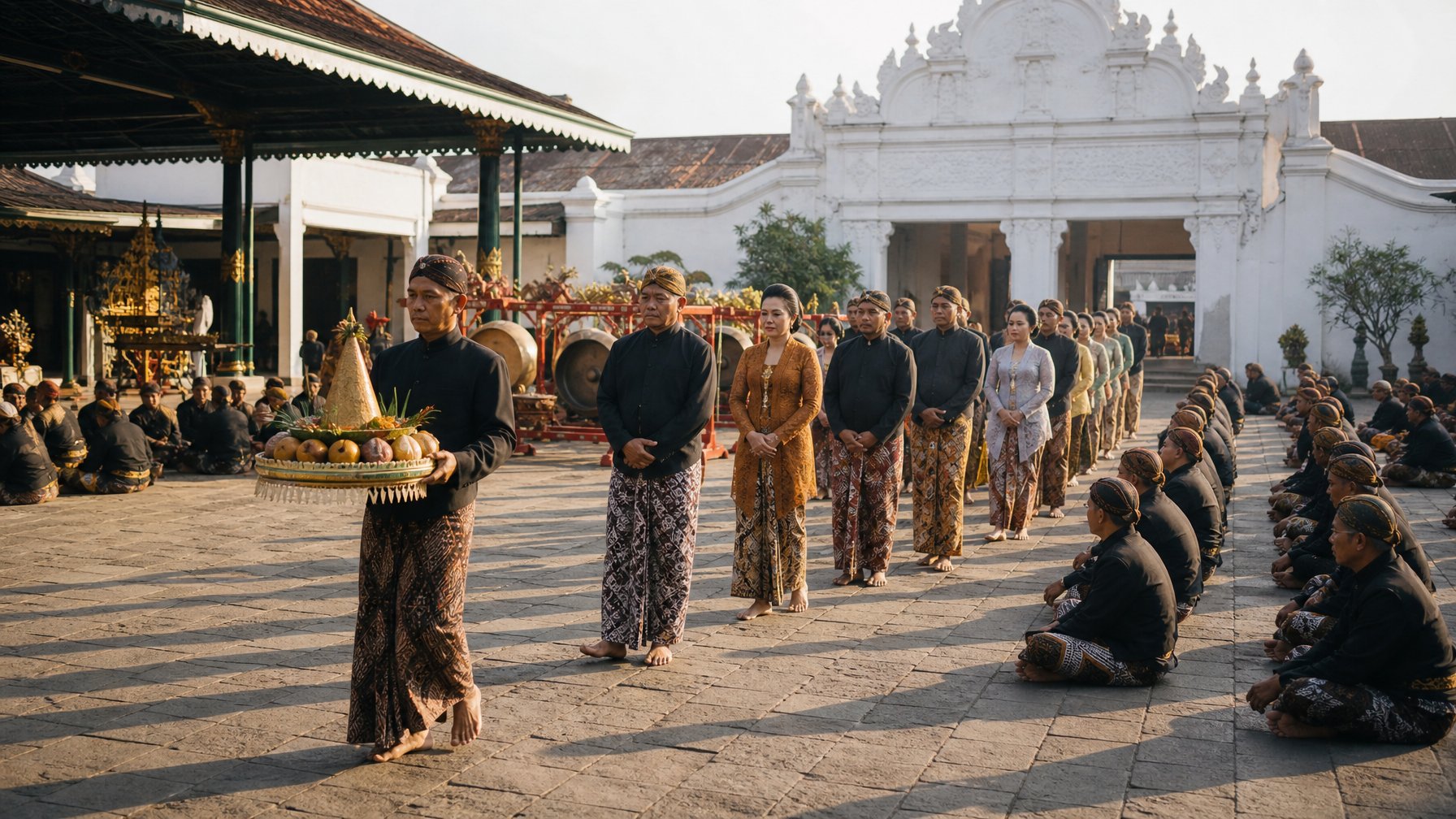 Suasana ritual tradisi Sekaten di halaman Keraton Yogyakarta dengan peserta berpakaian adat Jawa dan perangkat gamelan.