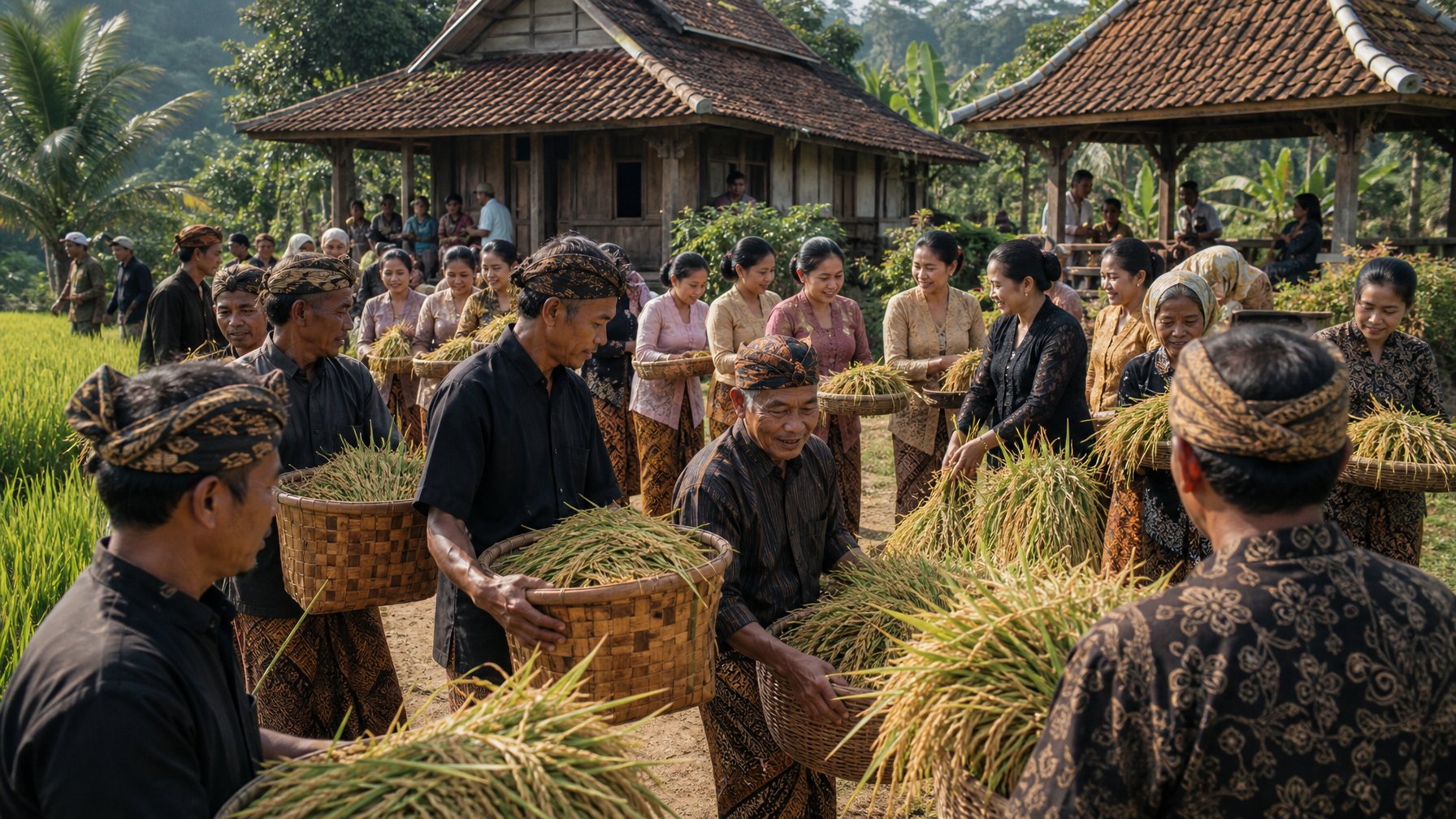 Warga Sunda bergotong royong membawa hasil panen dalam suasana tradisi Seren Taun di desa.