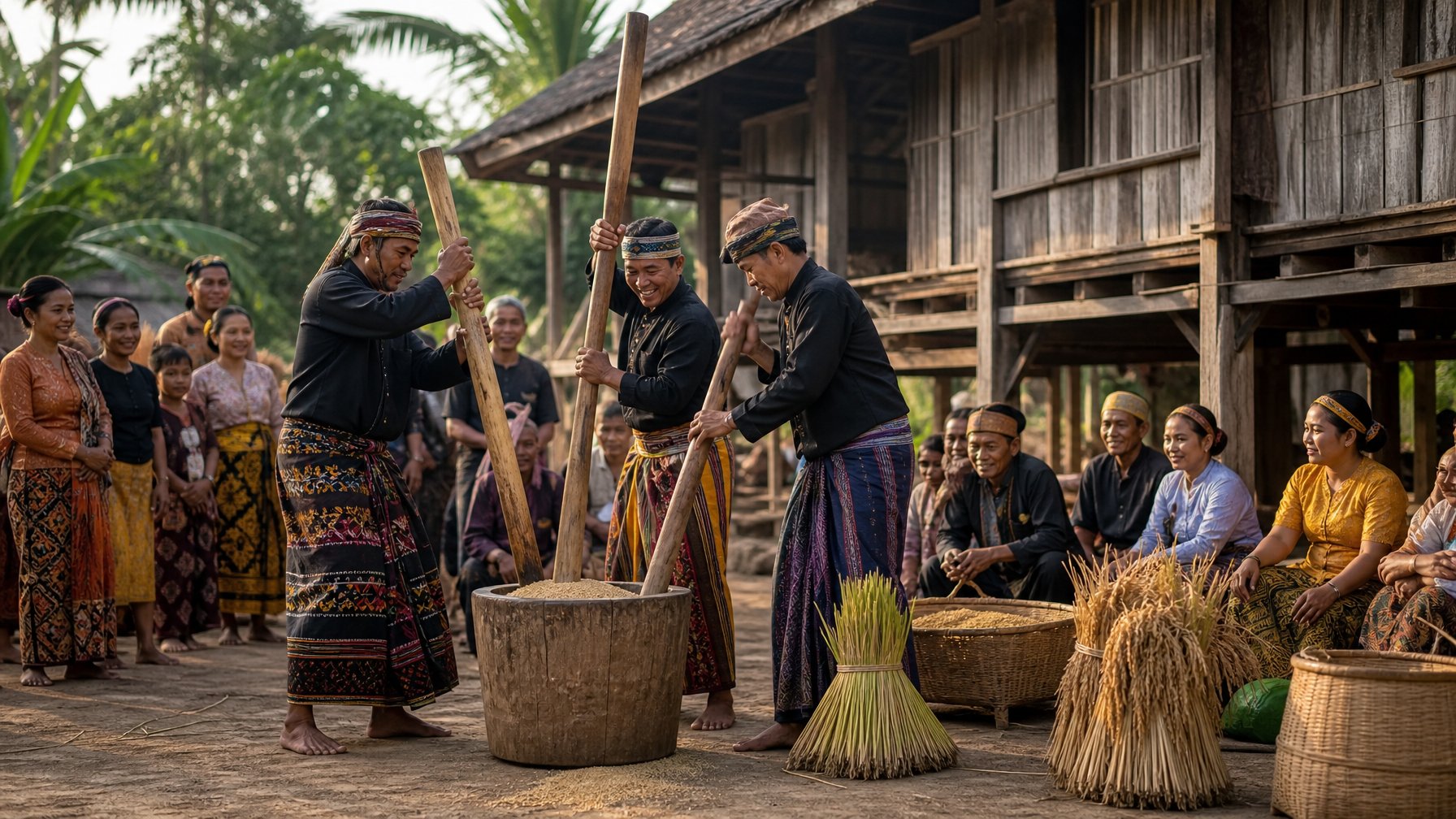Masyarakat Bugis-Makassar melakukan tradisi Mappadendang dengan menumbuk padi bersama setelah panen.