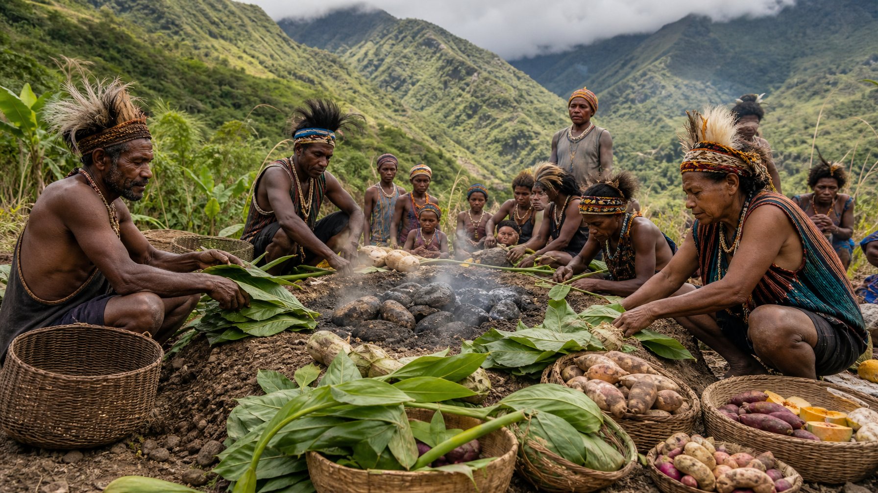 Masyarakat Dani bersama-sama menyiapkan tradisi bakar batu di Lembah Baliem, Papua.