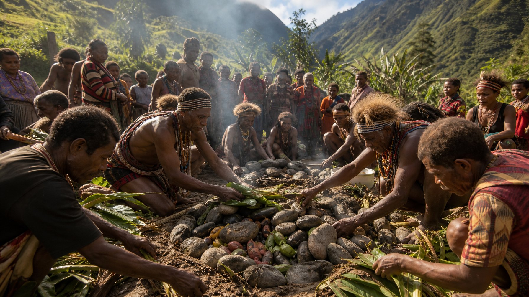 Masyarakat Dani berkumpul memasak barapen dengan batu panas di Lembah Baliem.