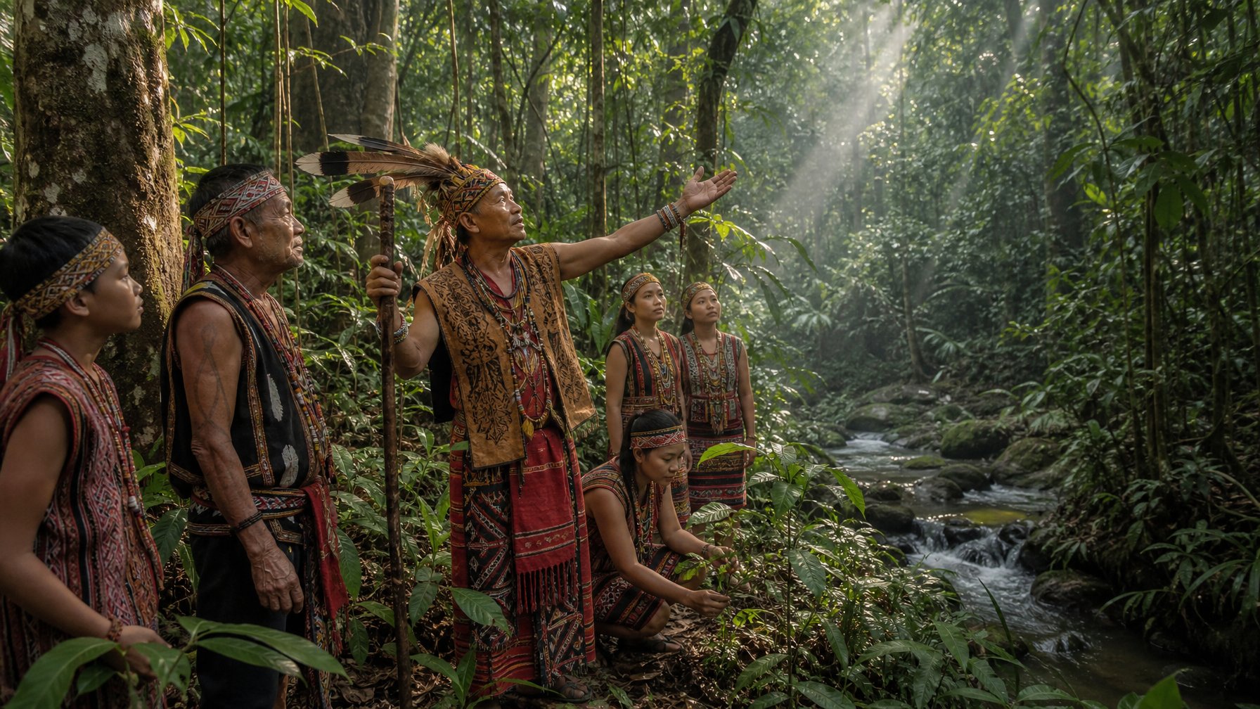 Tokoh adat Dayak Iban memimpin masyarakat dalam kegiatan pelestarian hutan di tengah pepohonan tropis.