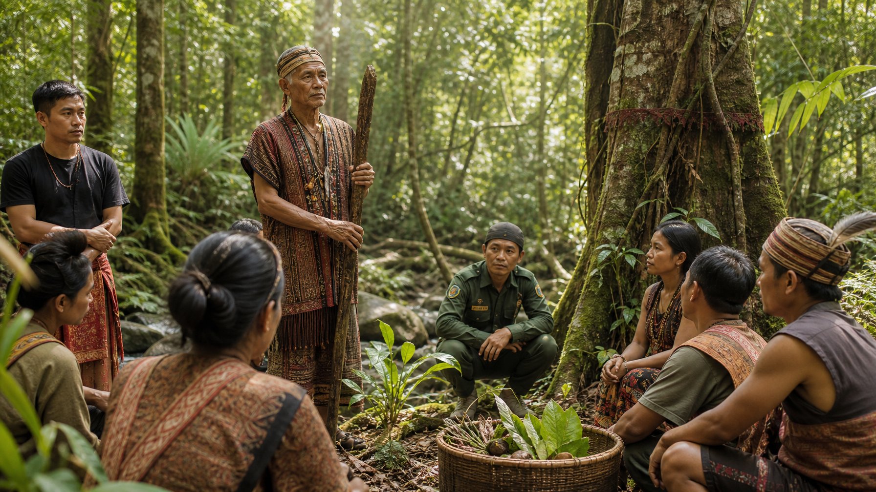Tokoh adat Dayak Iban berdiskusi bersama masyarakat di tengah hutan tropis untuk menjaga kelestarian alam.