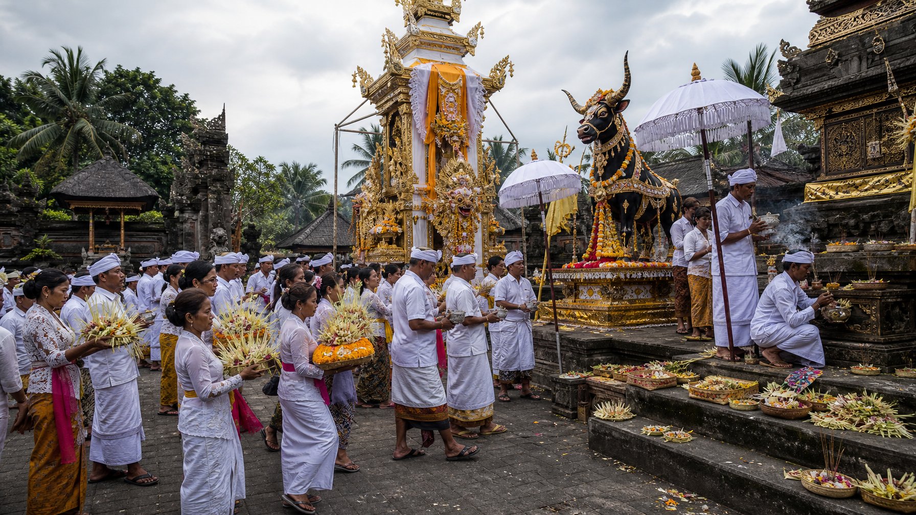 Prosesi upacara Ngaben di halaman pura Bali dengan menara kremasi, patung banteng, dan peserta berpakaian adat.