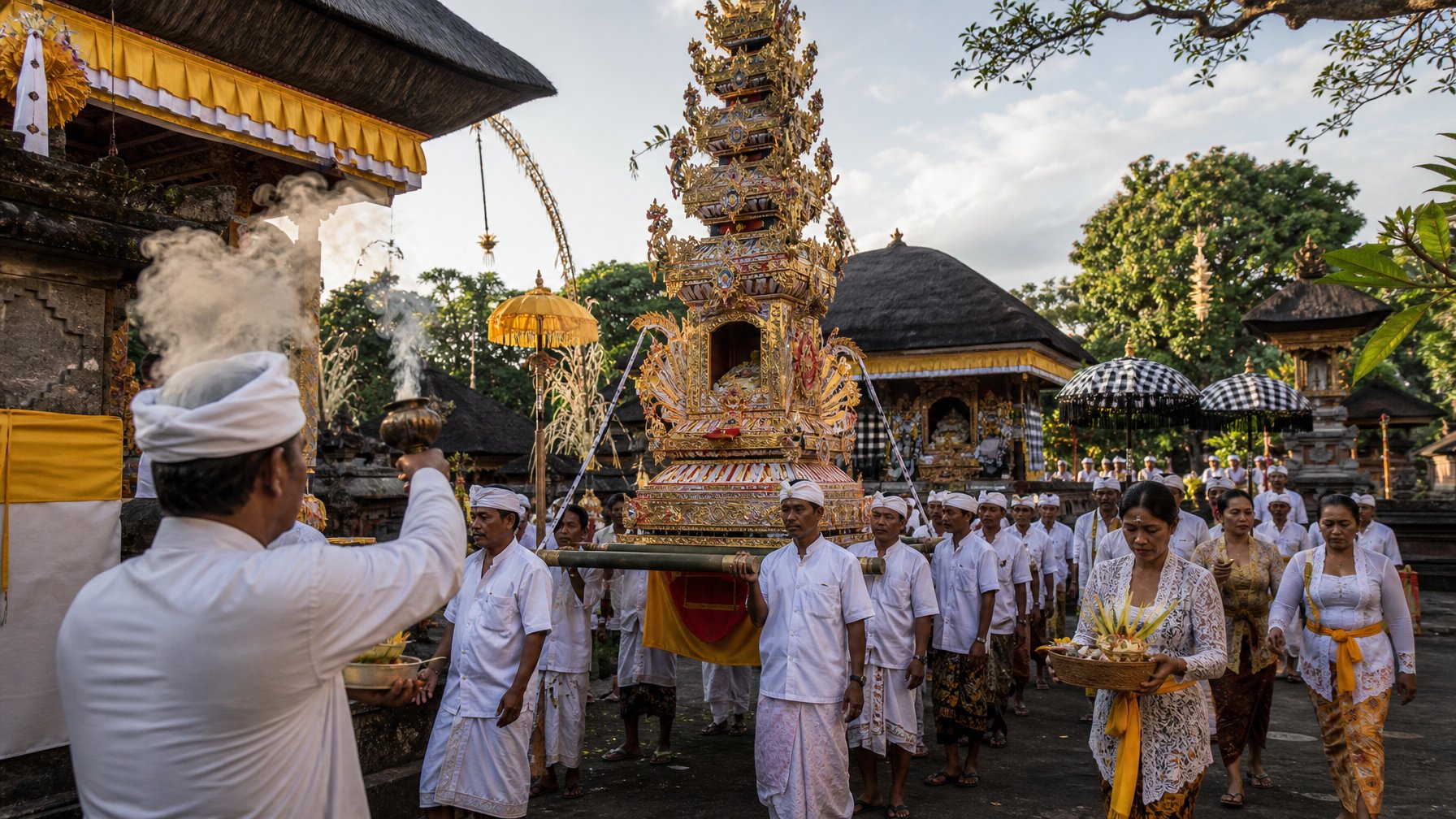 Upacara Ngaben Bali berlangsung khidmat di halaman pura dengan pendeta, keluarga, sesaji, dan menara kremasi berhias.