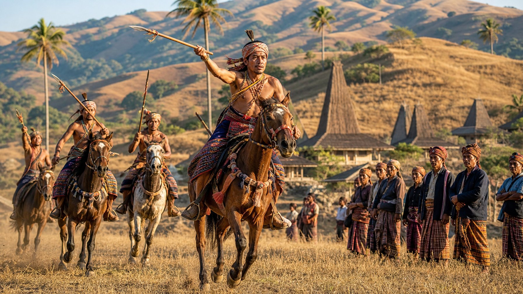 Penunggang kuda Sumba mengikuti upacara Pasola di padang savana dengan latar perbukitan, desa tradisional, dan ladang.