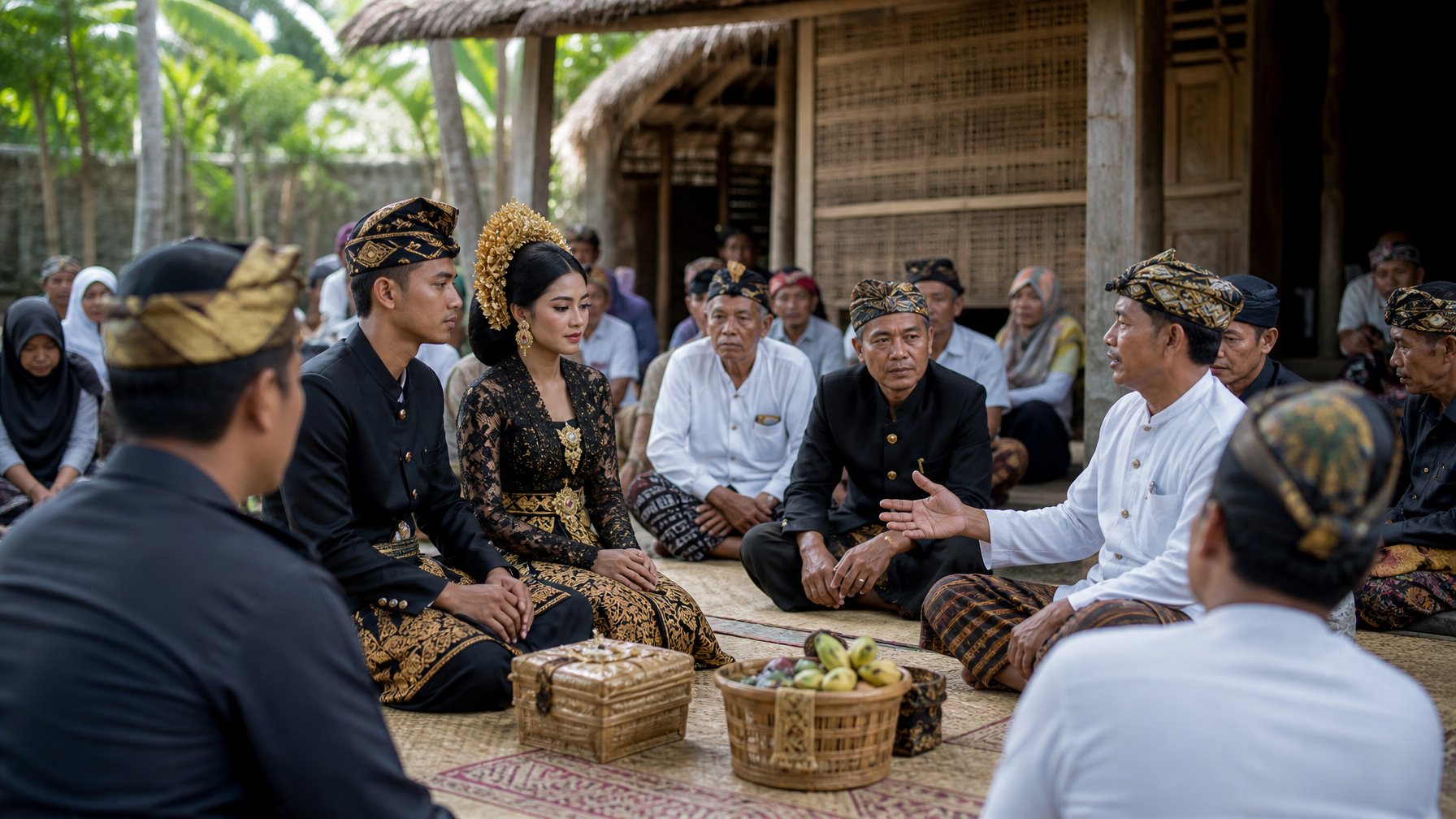 Pasangan Sasak berpakaian adat duduk bersama keluarga dan para tetua dalam suasana musyawarah di halaman rumah tradisional Lombok.