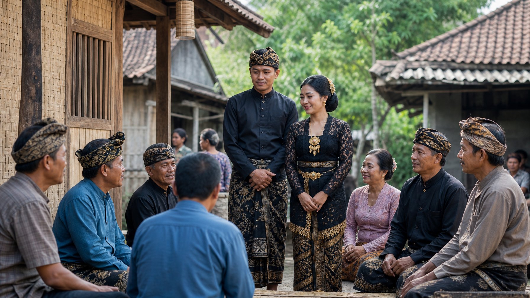 Pasangan Sasak bersama keluarga dan tokoh masyarakat mengikuti pertemuan adat di halaman rumah tradisional Lombok.