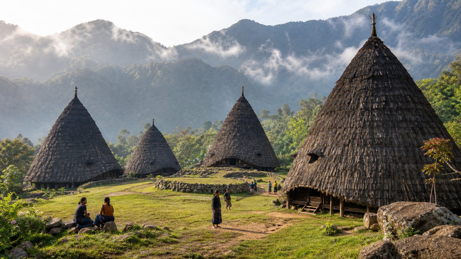 Rumah-rumah adat Mbaru Niang berbentuk kerucut berdiri di tengah desa pegunungan yang hijau dan berkabut.
