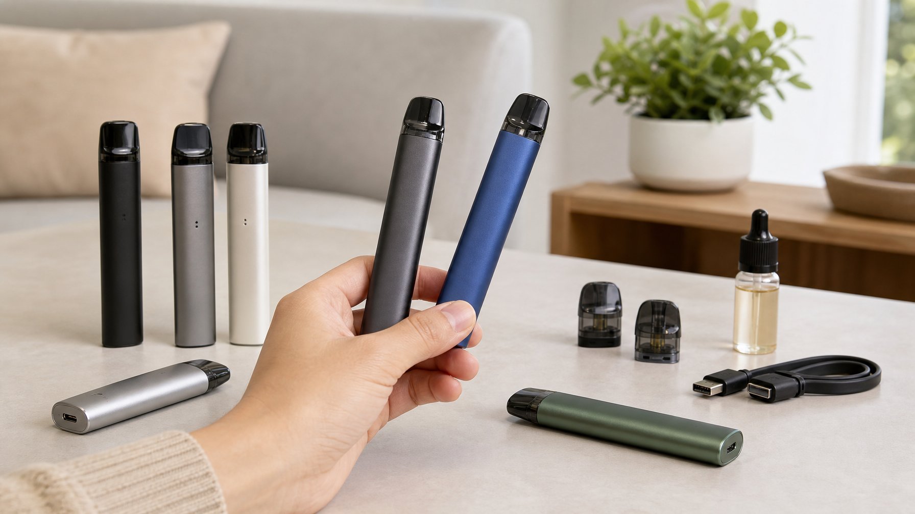 Beberapa perangkat pod vape tersusun rapi bersama aksesori pendukung di atas meja.