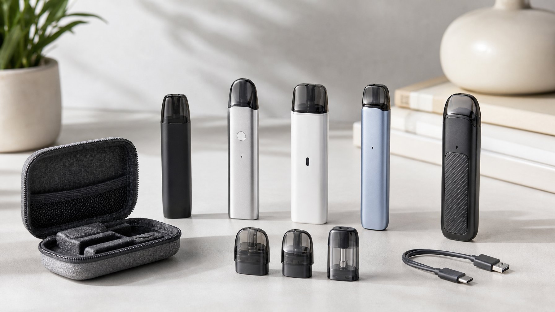 Beberapa perangkat pod vape dan aksesori tersusun rapi di atas meja modern.