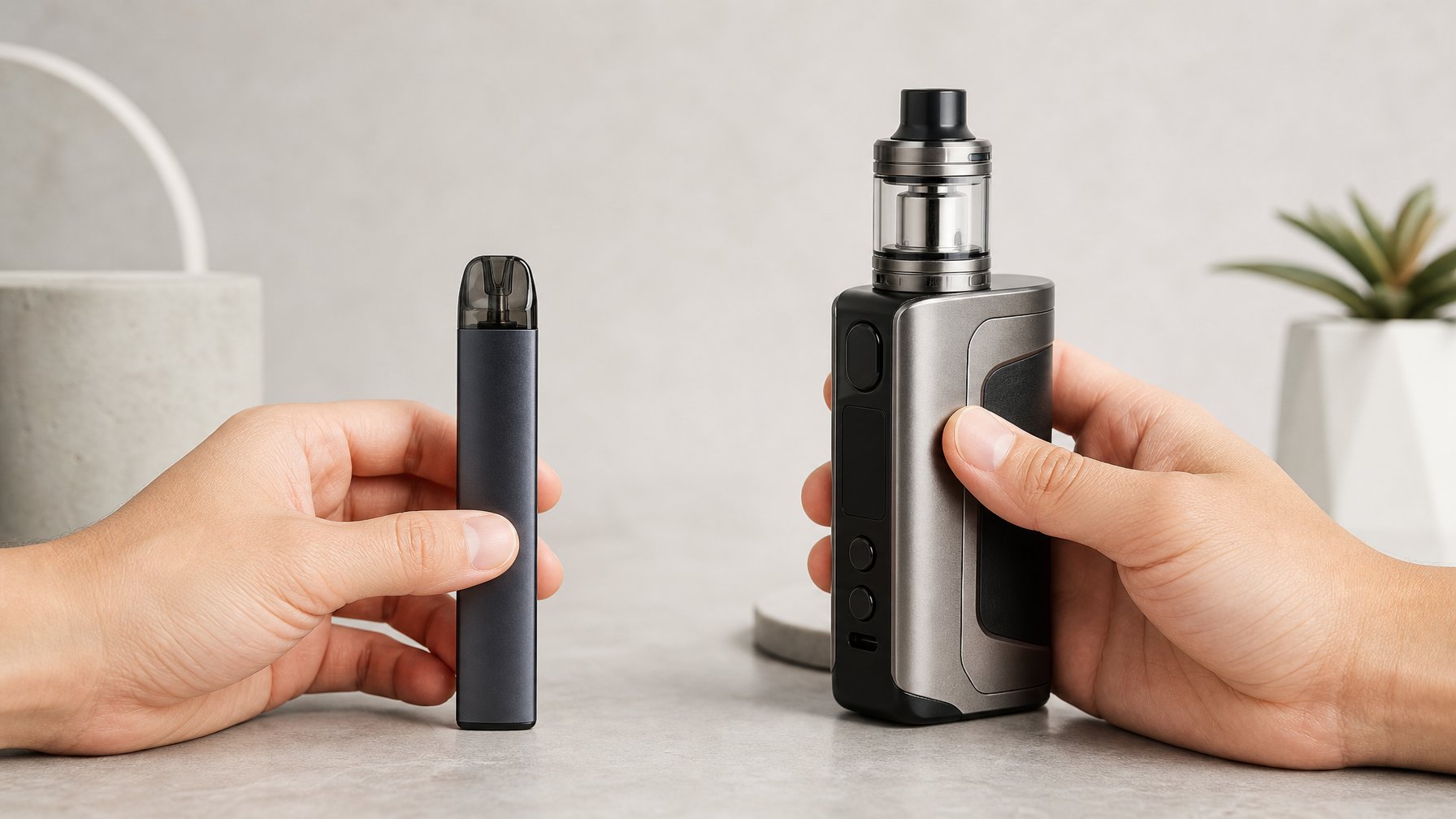 Perbandingan perangkat pod system yang ramping dan mod yang lebih besar di atas meja.
