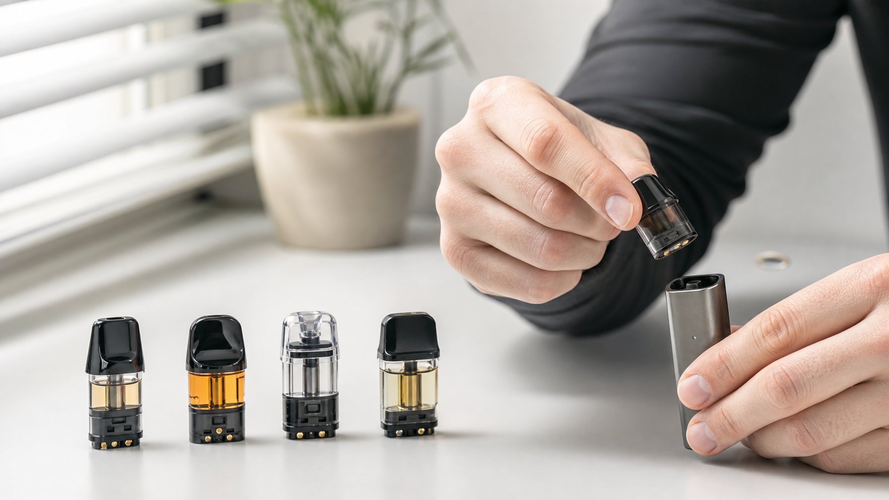 Tangan membandingkan beberapa cartridge pod dengan perangkat vape di atas meja.