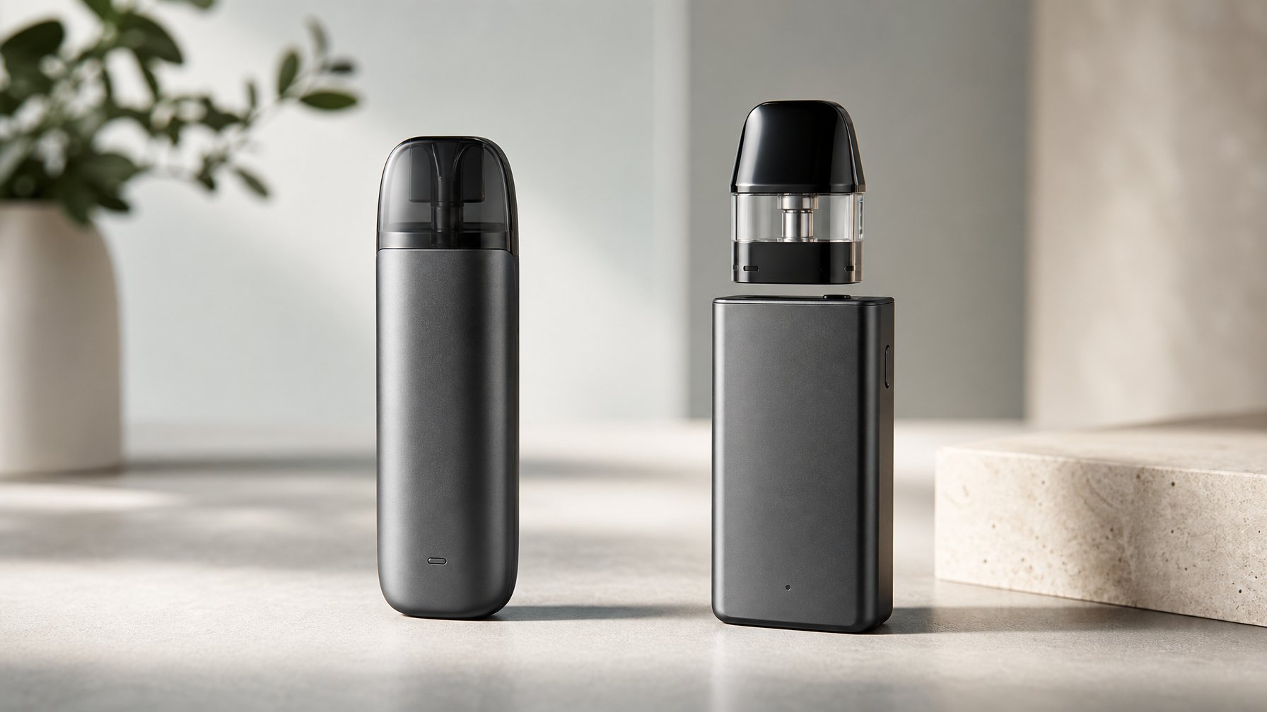 Dua perangkat pod vape berbeda ditata berdampingan di atas meja untuk dibandingkan.