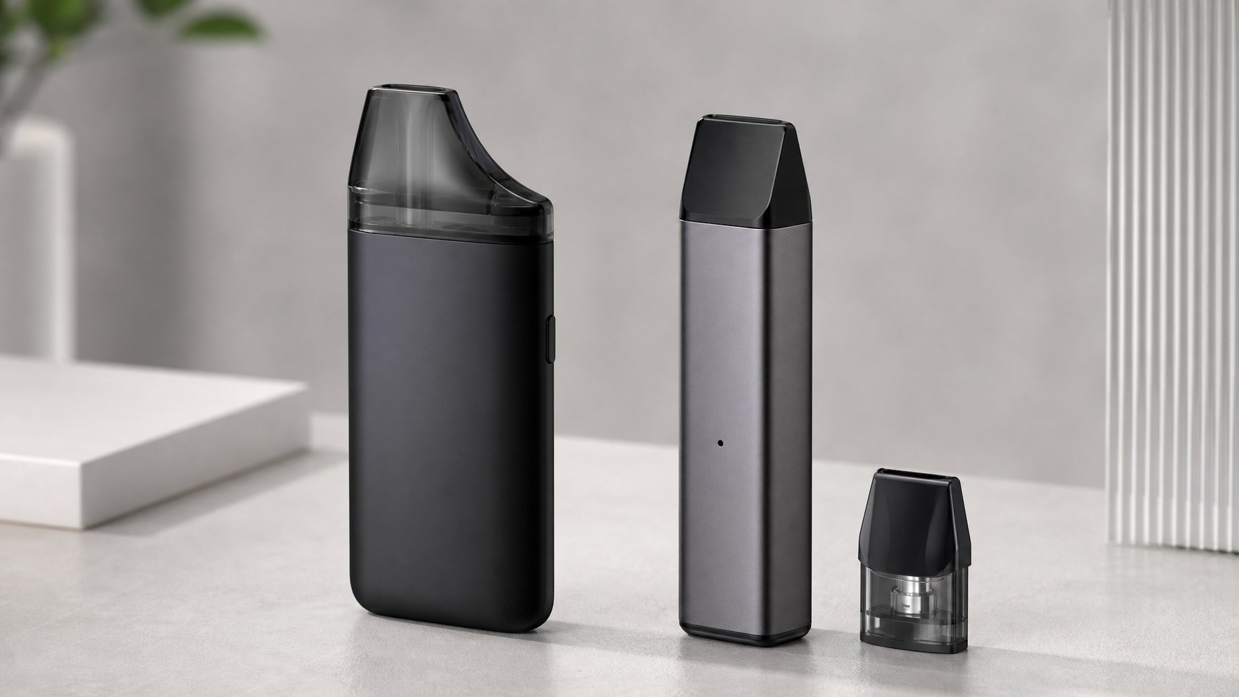 Dua perangkat pod vape dengan desain berbeda diletakkan berdampingan di atas meja modern.