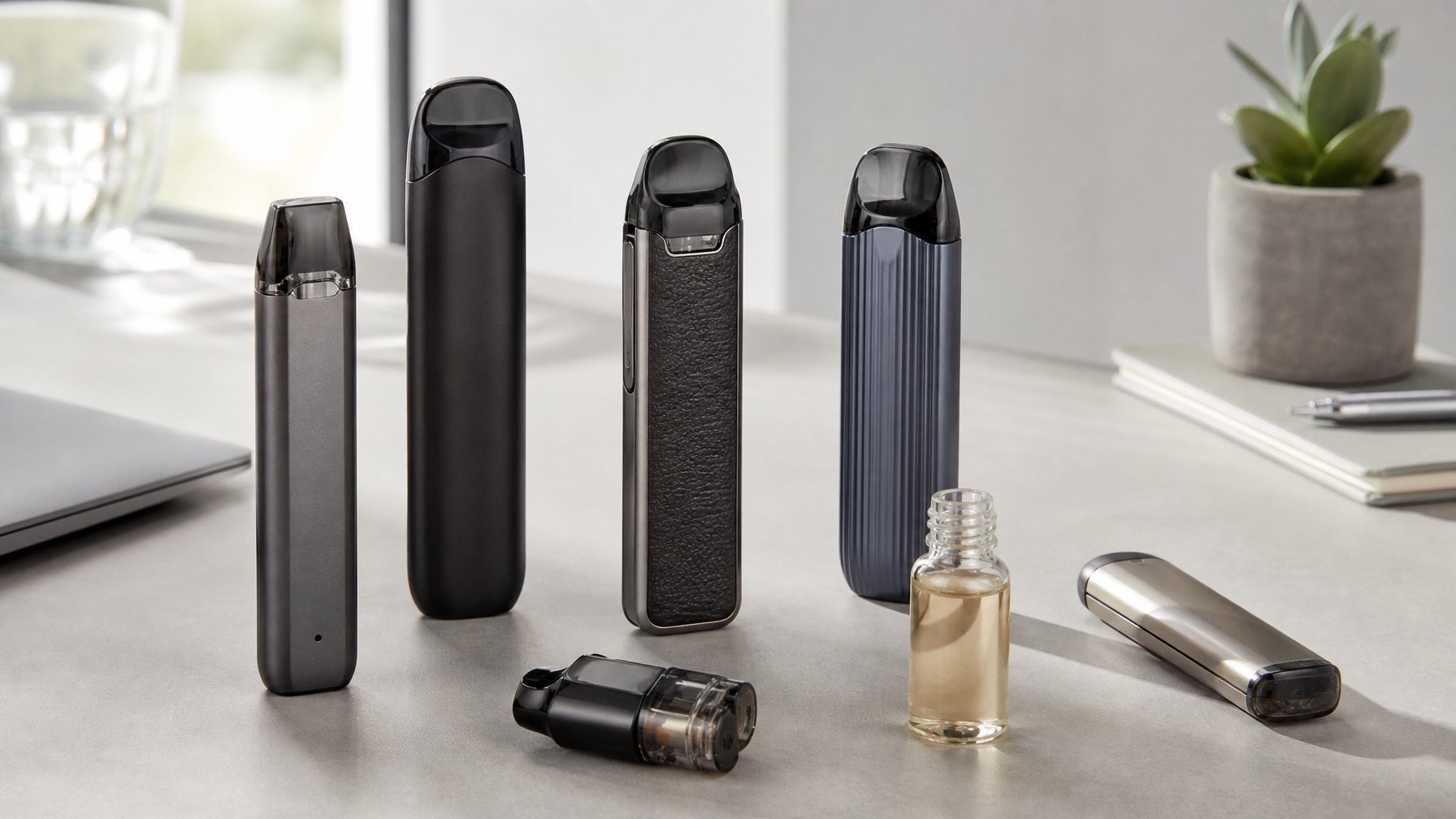 Beberapa perangkat pod vape modern dan botol cairan tanpa label tersusun di atas permukaan meja yang bersih.