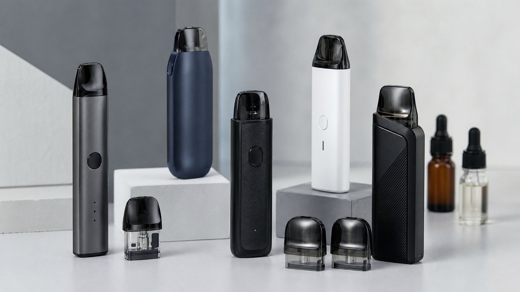 Beberapa perangkat pod vape modern dan kartridnya tersusun rapi di atas permukaan minimalis.
