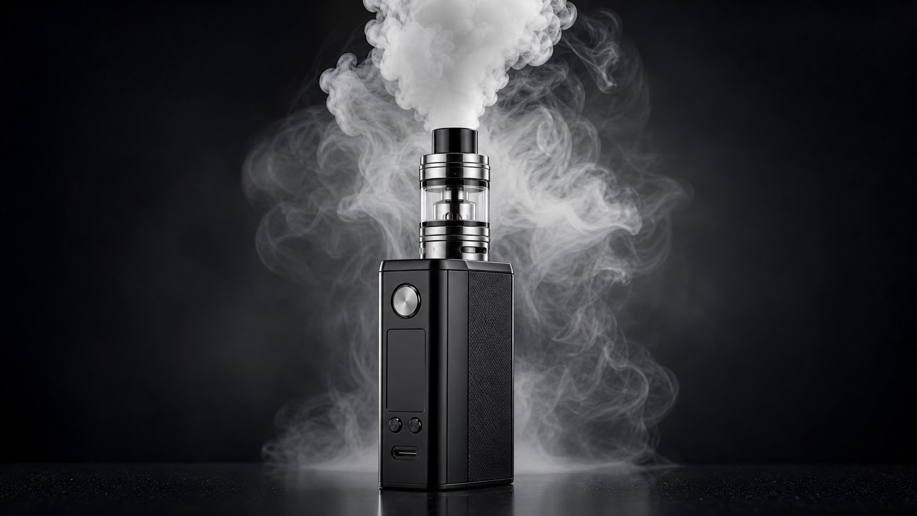 Perangkat vape berbentuk kotak dengan tangki logam berdiri di atas meja gelap, dikelilingi kepulan uap putih.