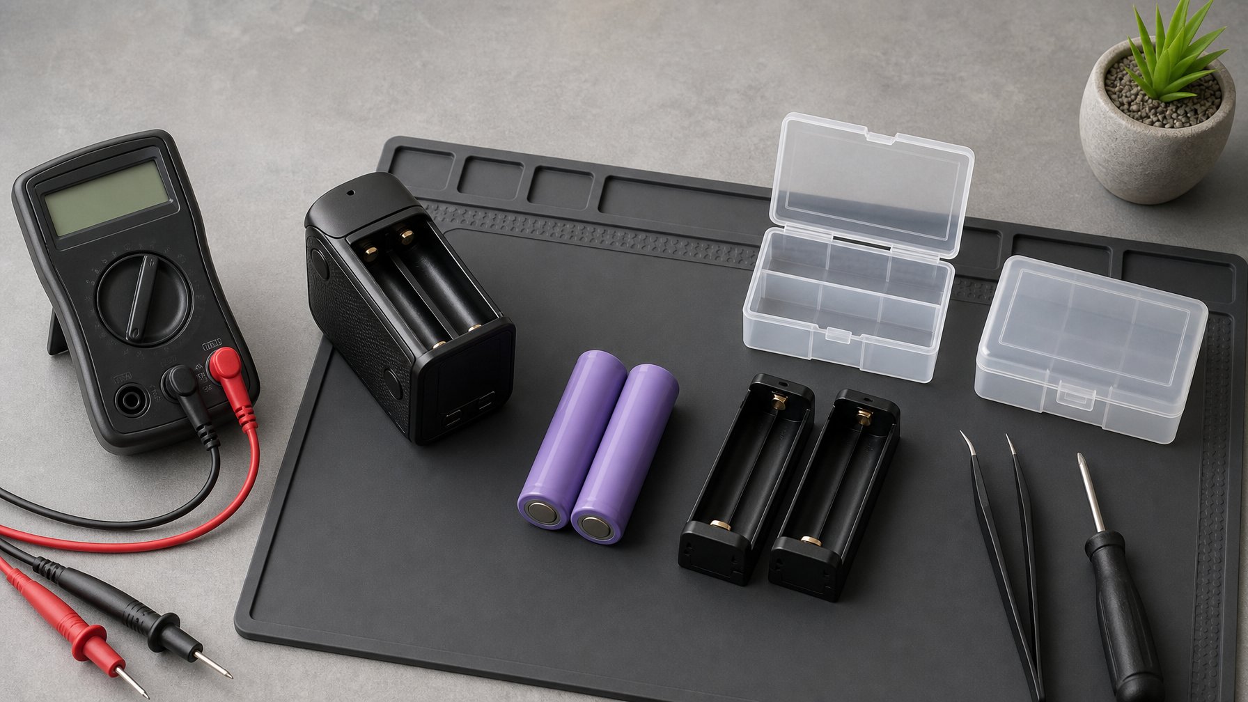 Dua baterai 18650 dan perangkat vape dual-baterai ditata di meja kerja bersama alat ukur dan wadah pelindung.