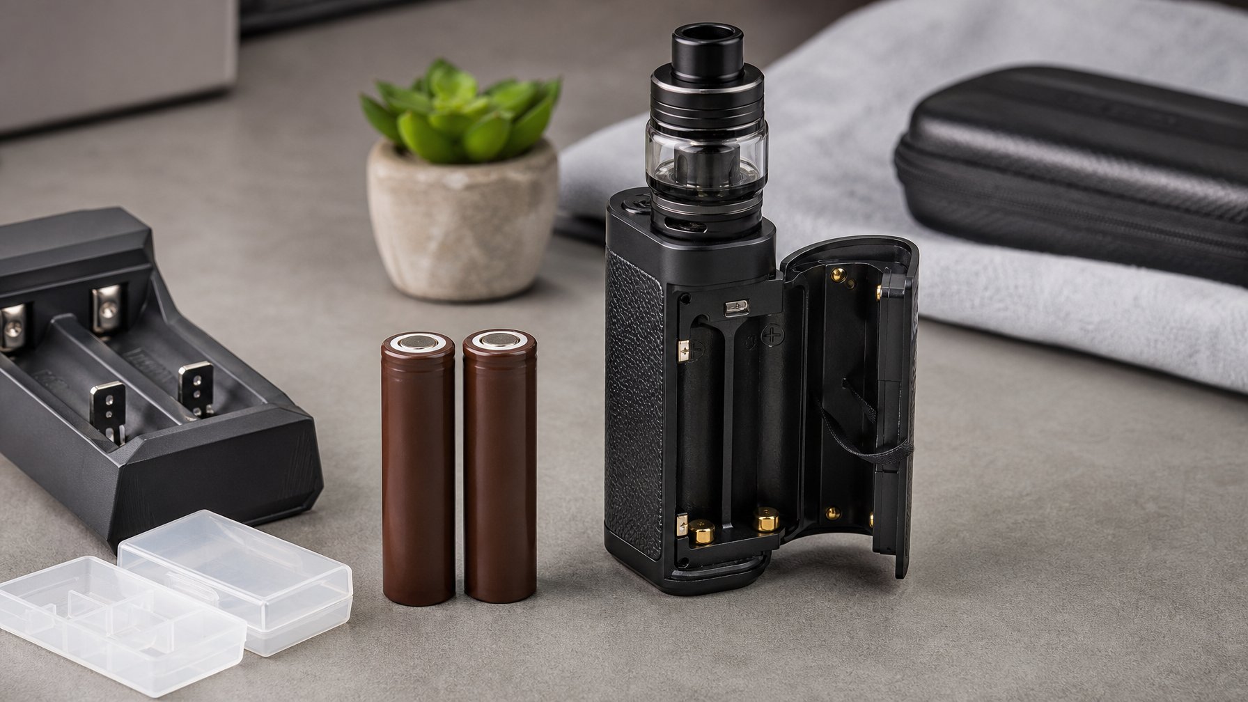 Dua baterai 18650 yang aman diletakkan di samping perangkat vape dual mod, pengisi daya, dan kotak pelindung baterai.