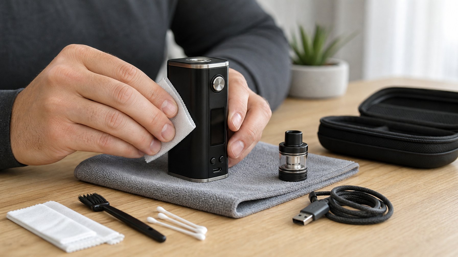 Tangan membersihkan perangkat box mod di atas meja dengan kain lembut dan alat pembersih kecil.