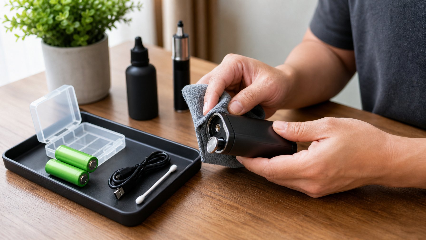 Seseorang membersihkan perangkat box mod dengan kain mikrofiber di meja yang rapi, dengan baterai dan perlengkapan perawatan tersusun di sekelilingnya.