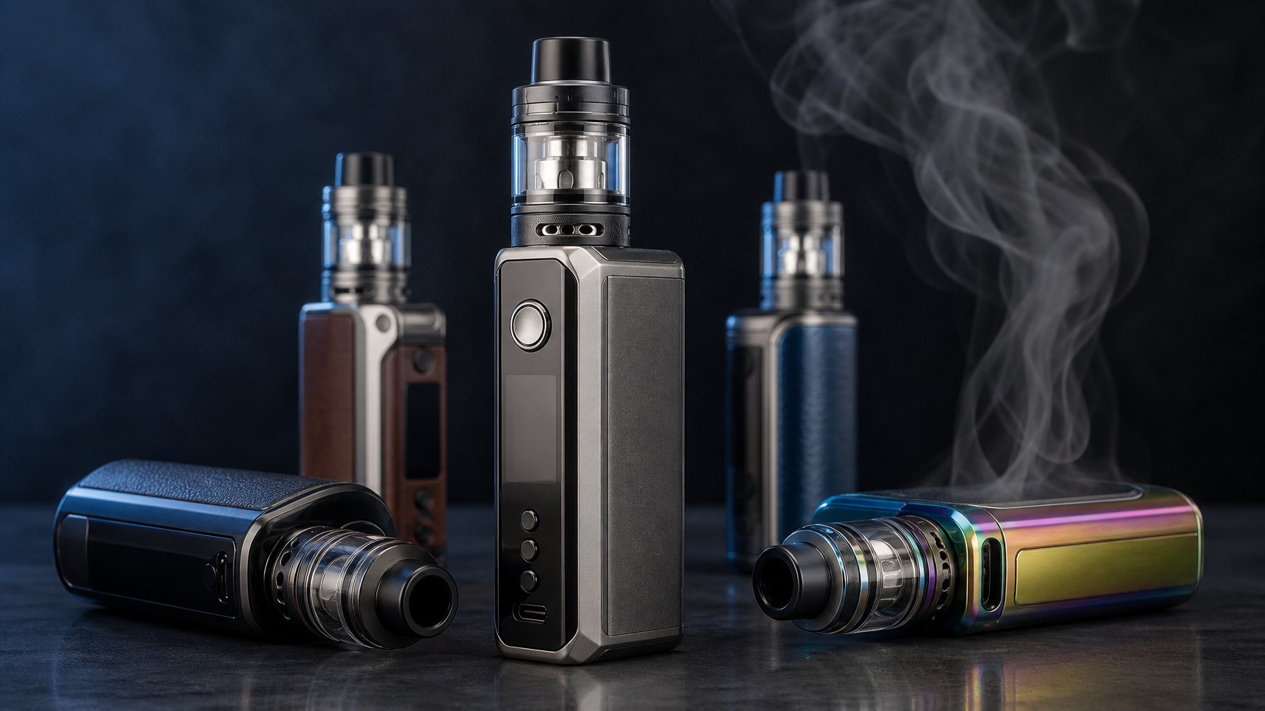 Beberapa perangkat vape mod elektronik premium tersusun di atas permukaan gelap dalam suasana studio.