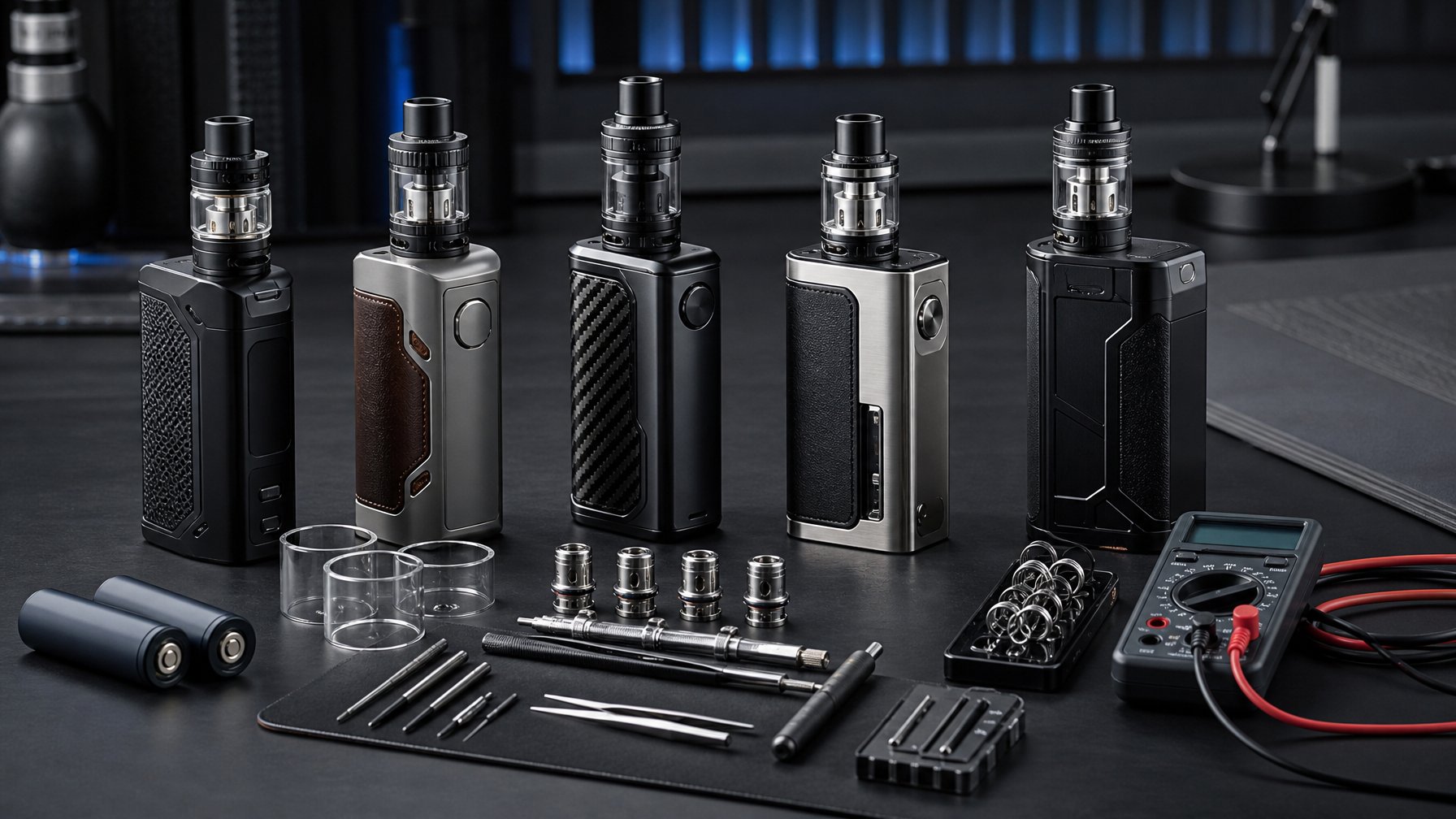 Beberapa mod vape elektronik premium dan perlengkapan teknis tersusun di atas meja kerja modern.