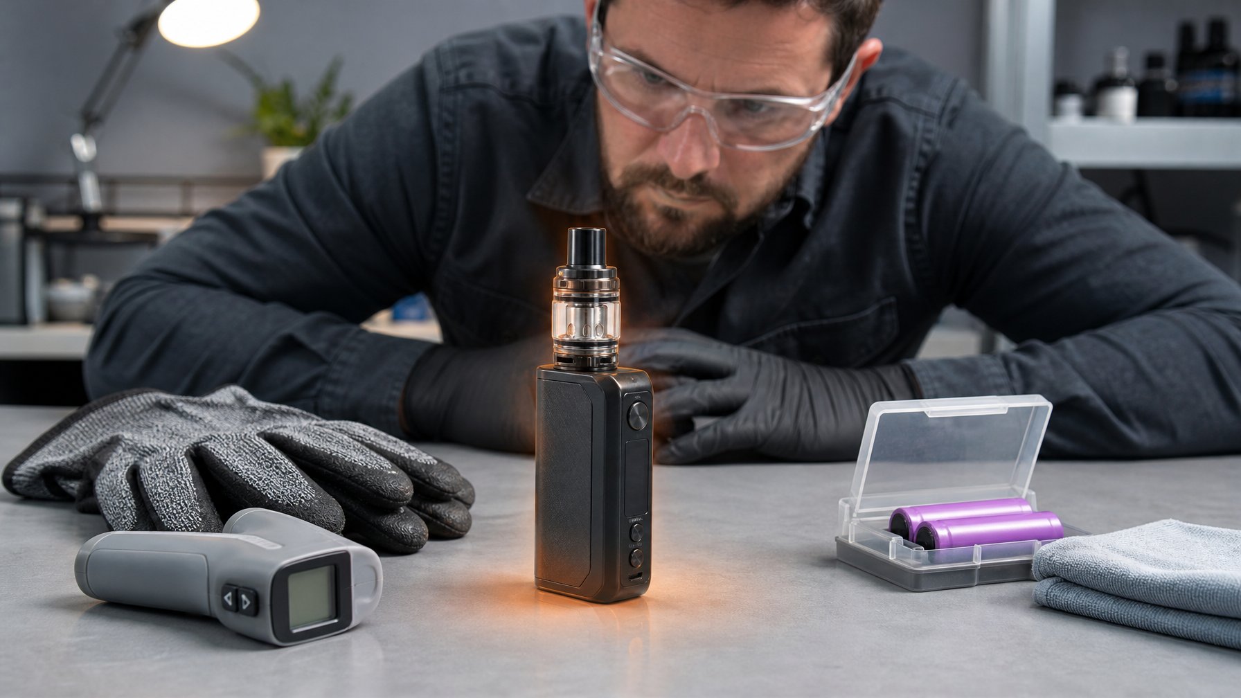 Seseorang memeriksa box mod yang terasa panas di atas meja kerja dengan perlengkapan keselamatan dan baterai yang disimpan terpisah.