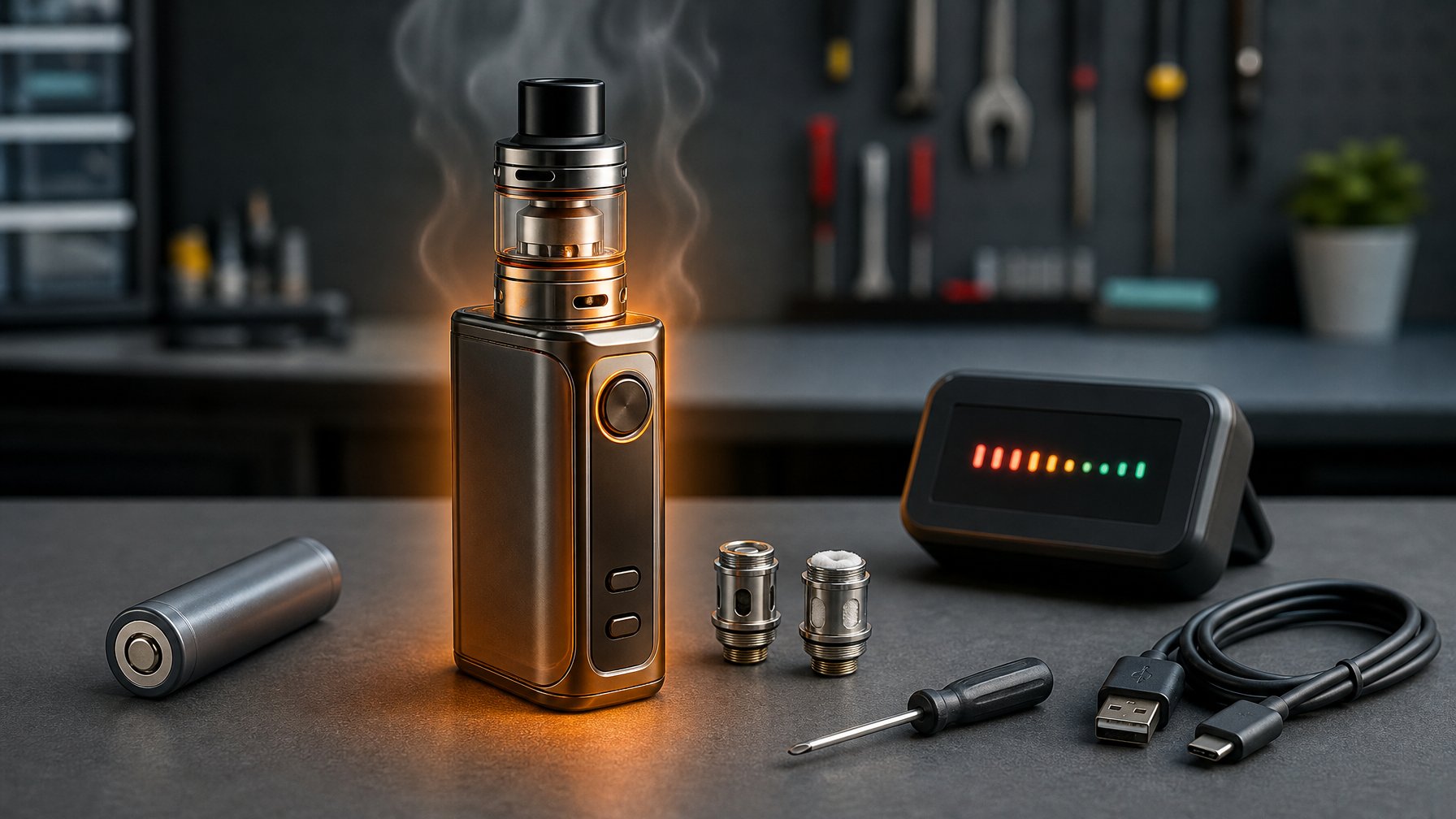 Perangkat box mod di atas meja kerja dengan tanda panas berlebih dan perlengkapan pemeriksaan di sekitarnya.