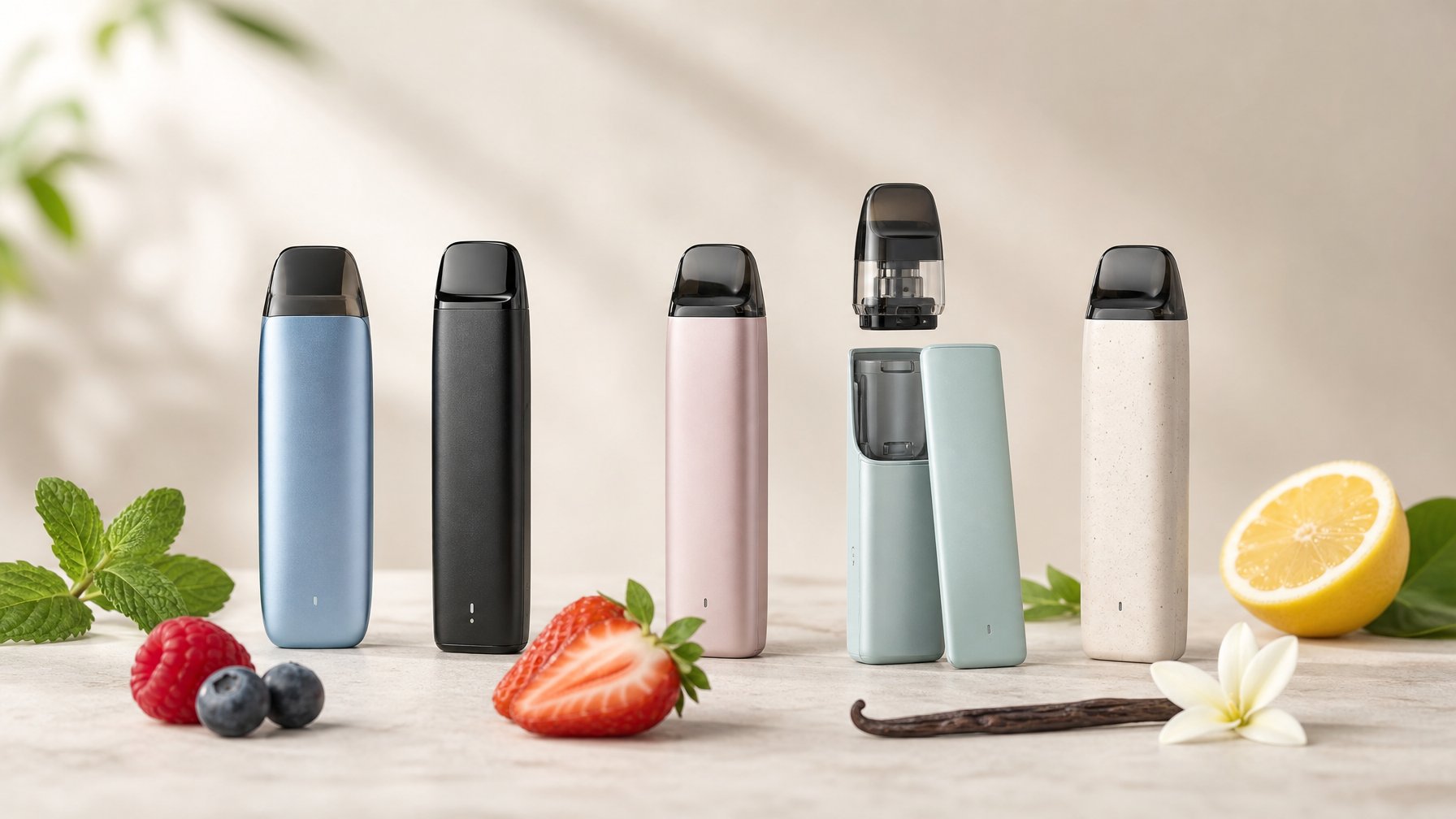 Beberapa perangkat pod modern tersusun di atas meja dengan daun mint, buah beri, irisan jeruk, dan vanila.