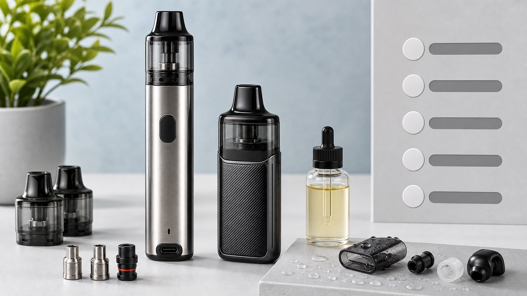 Perangkat vape modern dengan pod tertutup rapat dan komponen pengganti tersusun di atas meja.