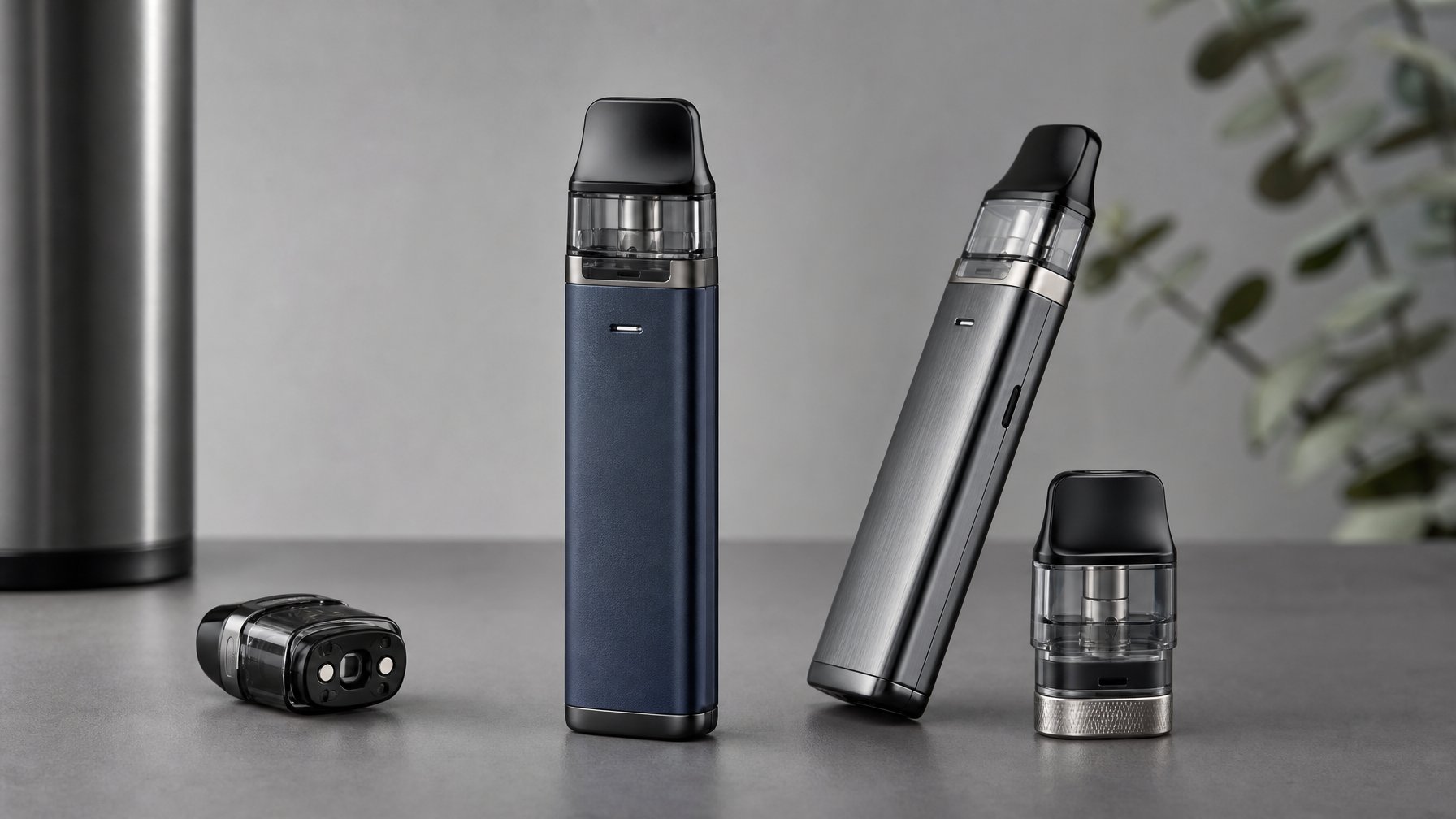 Beberapa perangkat vape isi ulang yang kokoh dan tertata di atas meja dengan komponen tertutup.