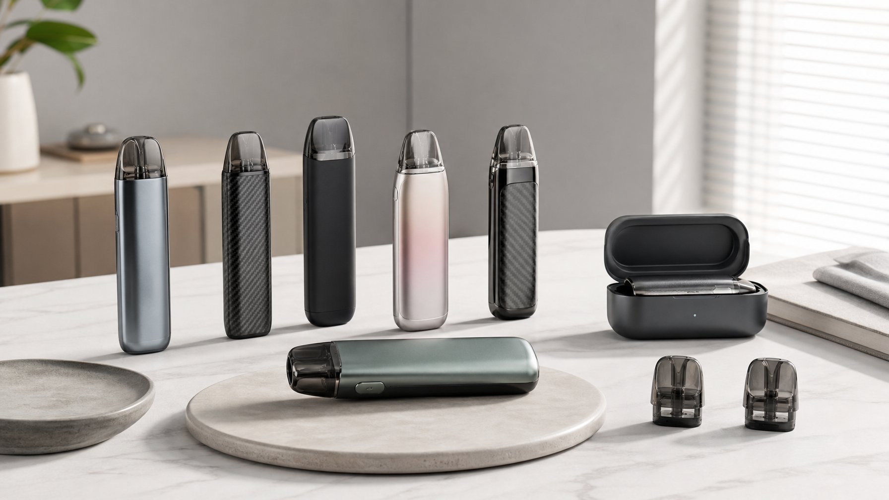 Beberapa perangkat pod modern tersusun rapi di atas meja dengan aksesori pendukung.