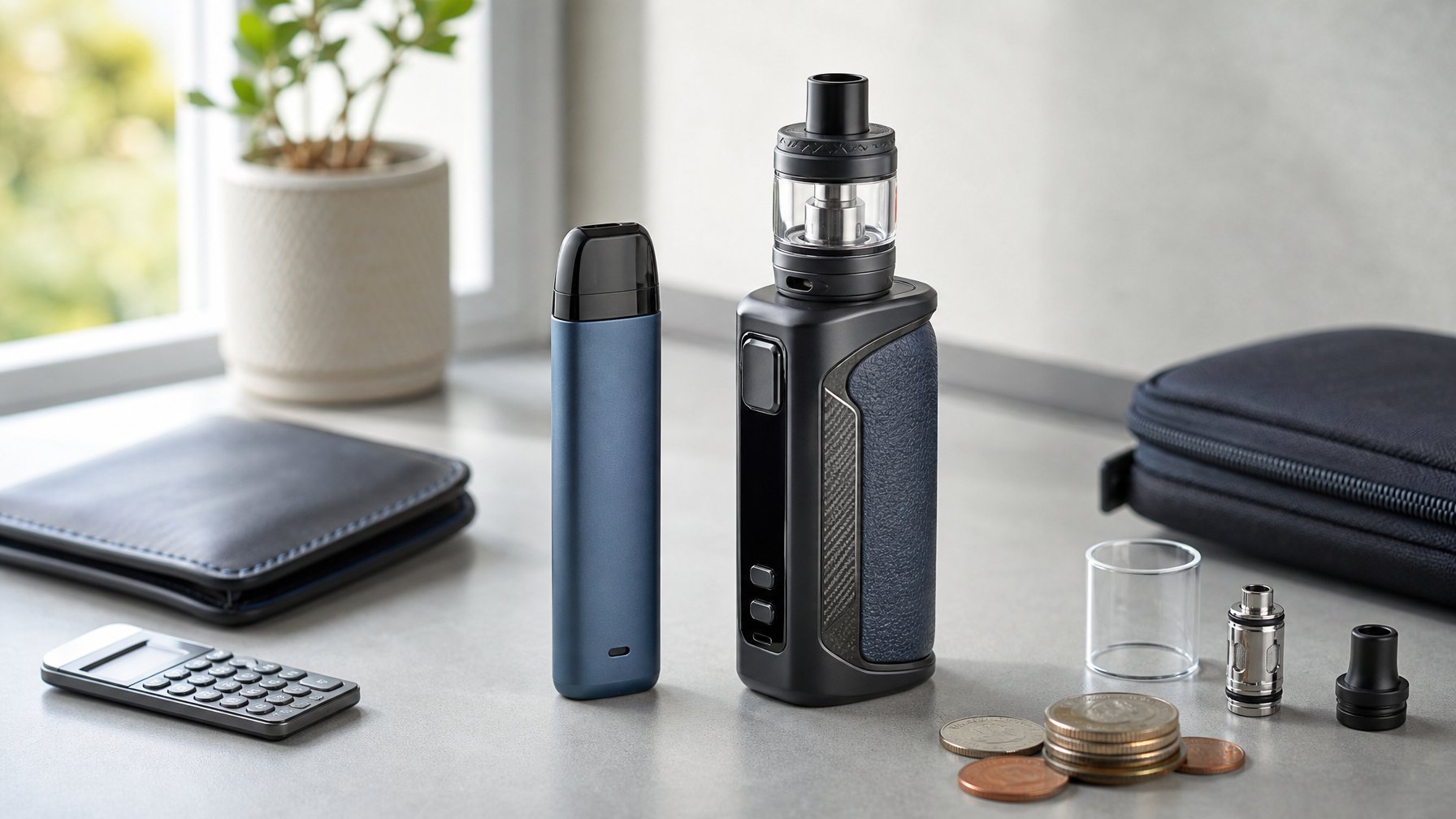 Perangkat pod vape dan mod vape diletakkan berdampingan di atas meja dengan kalkulator, dompet, dan koin.