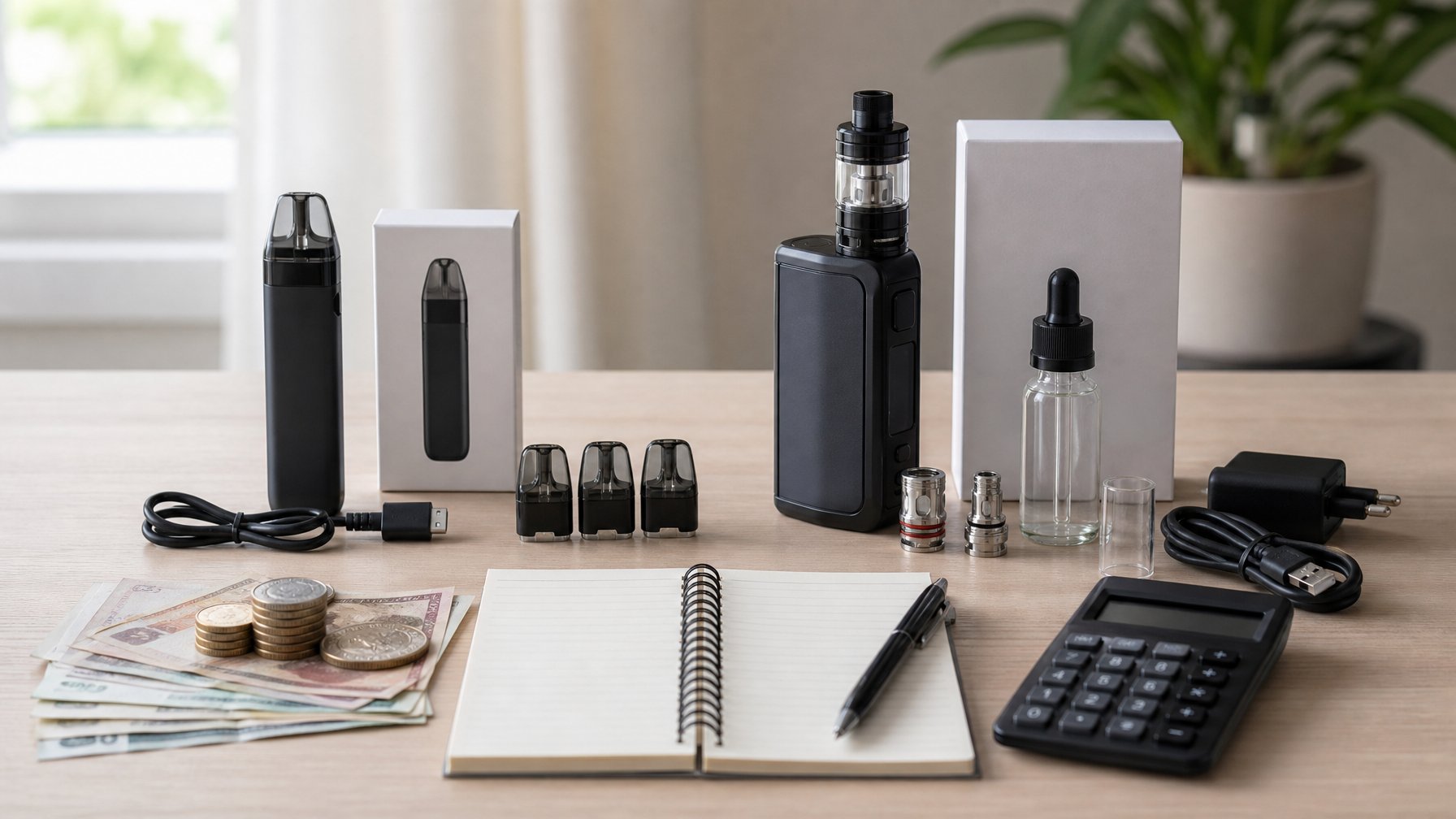 Perangkat pod vape dan mod vape diletakkan berdampingan dengan aksesori, koin, dan kalkulator di atas meja.