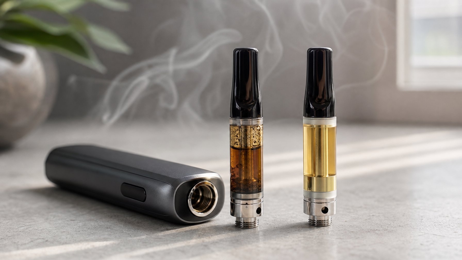 Perangkat vape dengan cartridge bekas yang menggelap dan cartridge pengganti di atas permukaan meja.