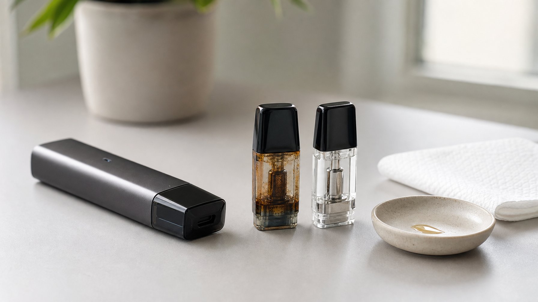 Perangkat vape diletakkan di samping cartridge lama yang menggelap dan cartridge pengganti yang masih bersih.