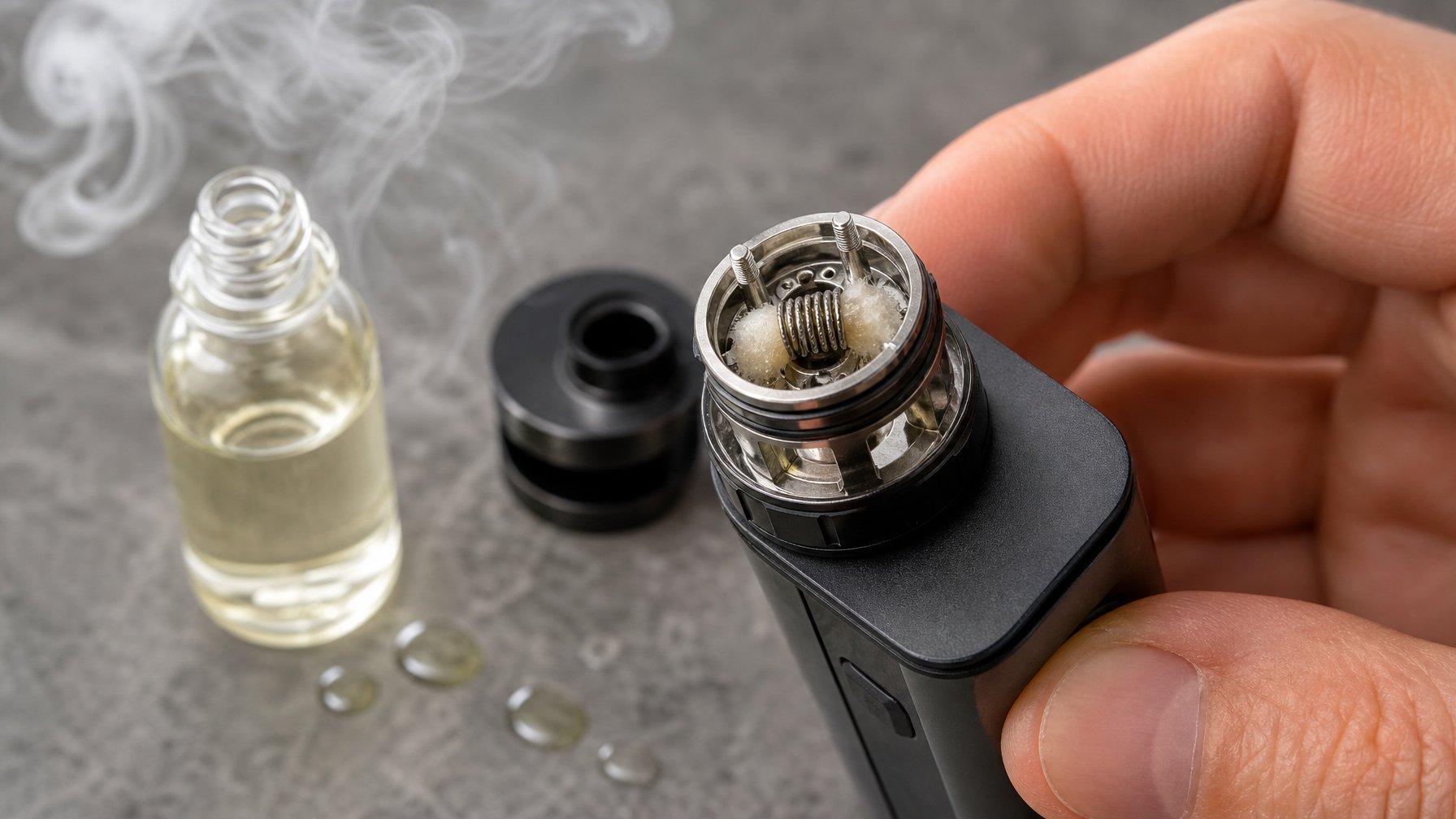 Perangkat vape terbuka dengan coil baru, kapas yang tampak kering, dan botol cairan di atas meja.