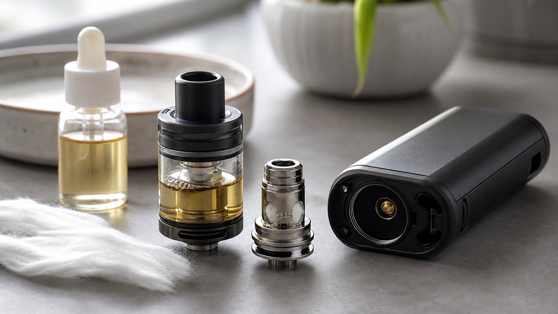 Perangkat vape baru yang dibongkar dengan coil bersih, tangki berisi cairan, dan kapas di atas meja.